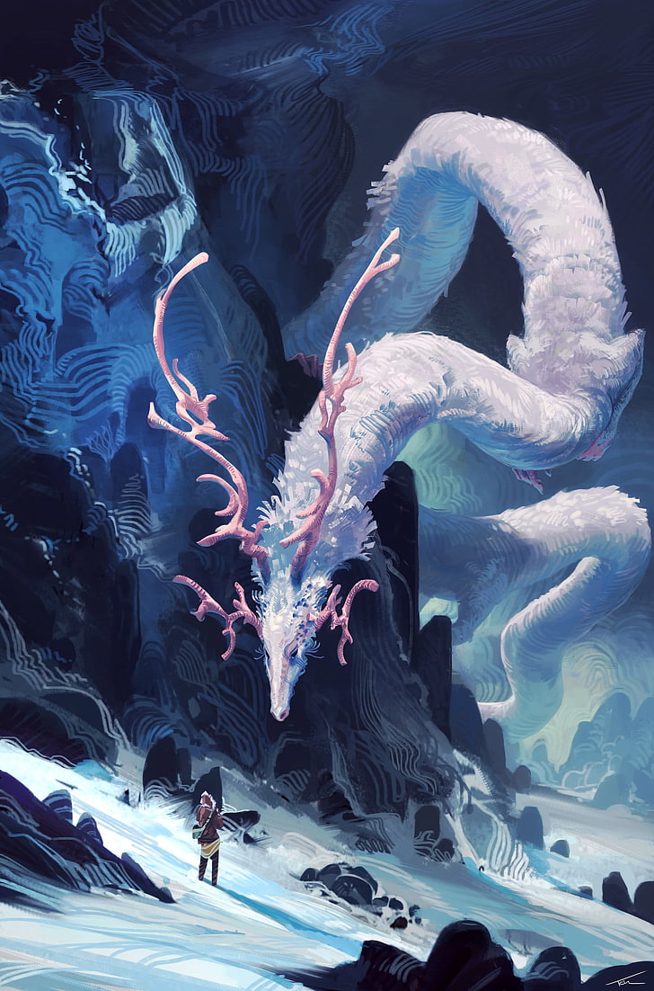 Colorful, Dragon, Antlers, Mountains, Snow, Fantasy - Thomas Chamberlain Art - HD Wallpaper 