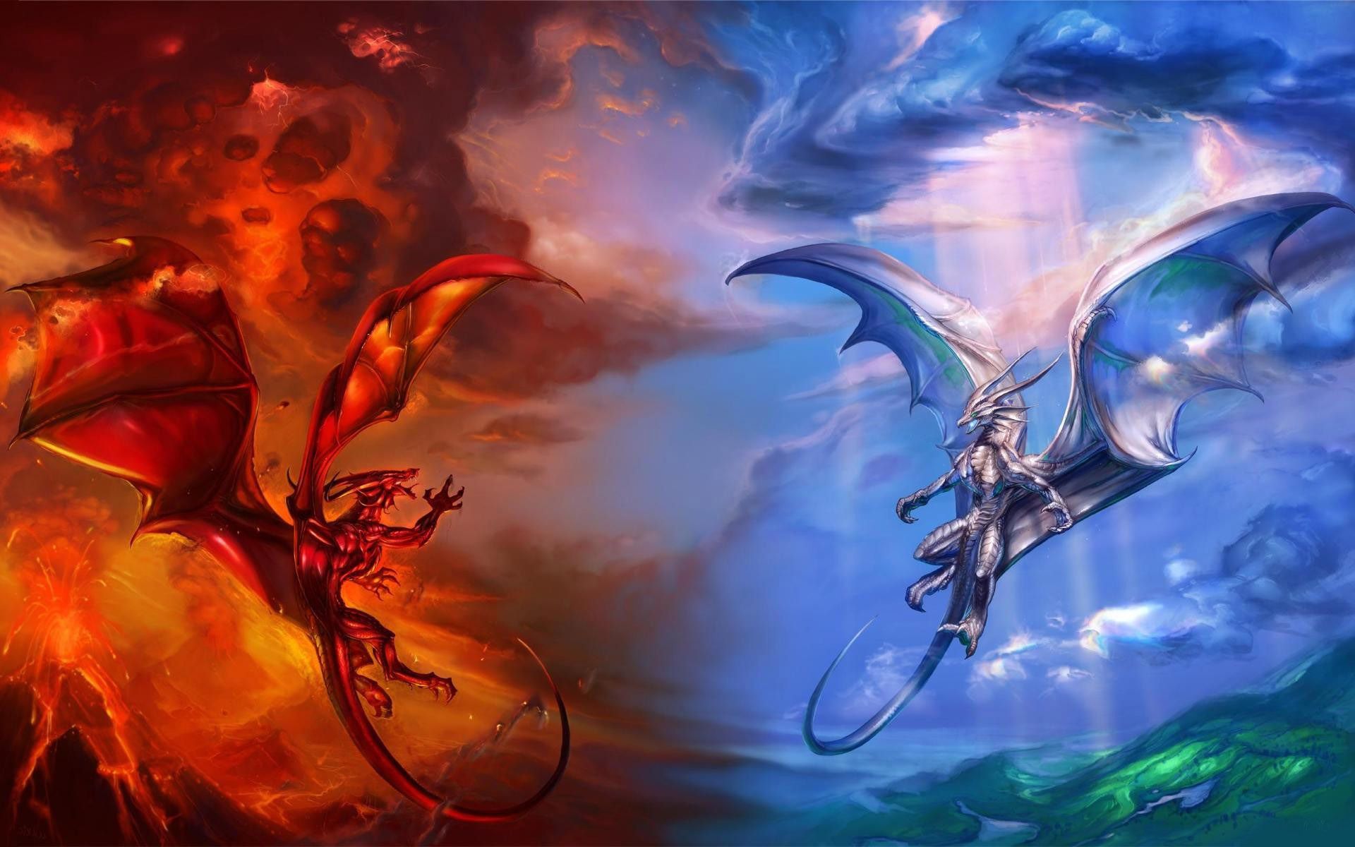 Fire Vs Water Dragon - HD Wallpaper 
