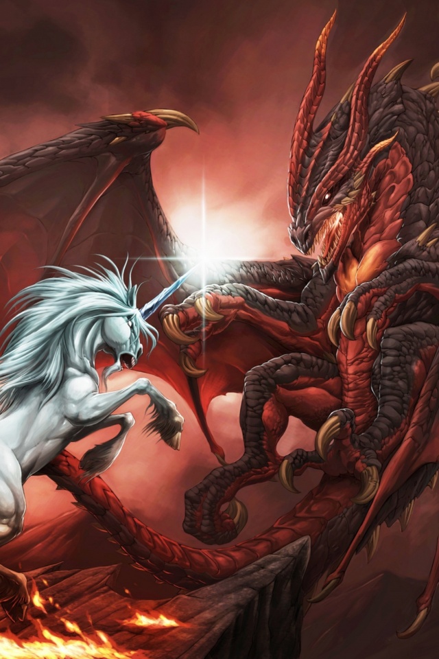 Fantasy Dragon And Unicorn - HD Wallpaper 