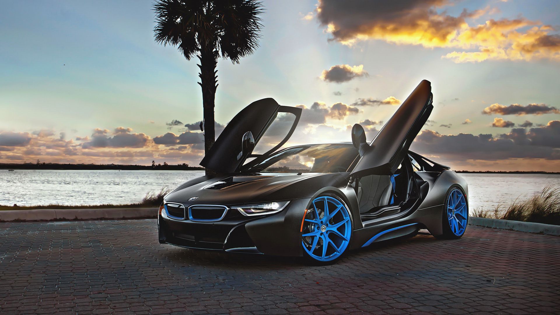Bmw I8 Blue Hre Wheels Wallpaper - Bmw Car Wallpaper Hd - HD Wallpaper 