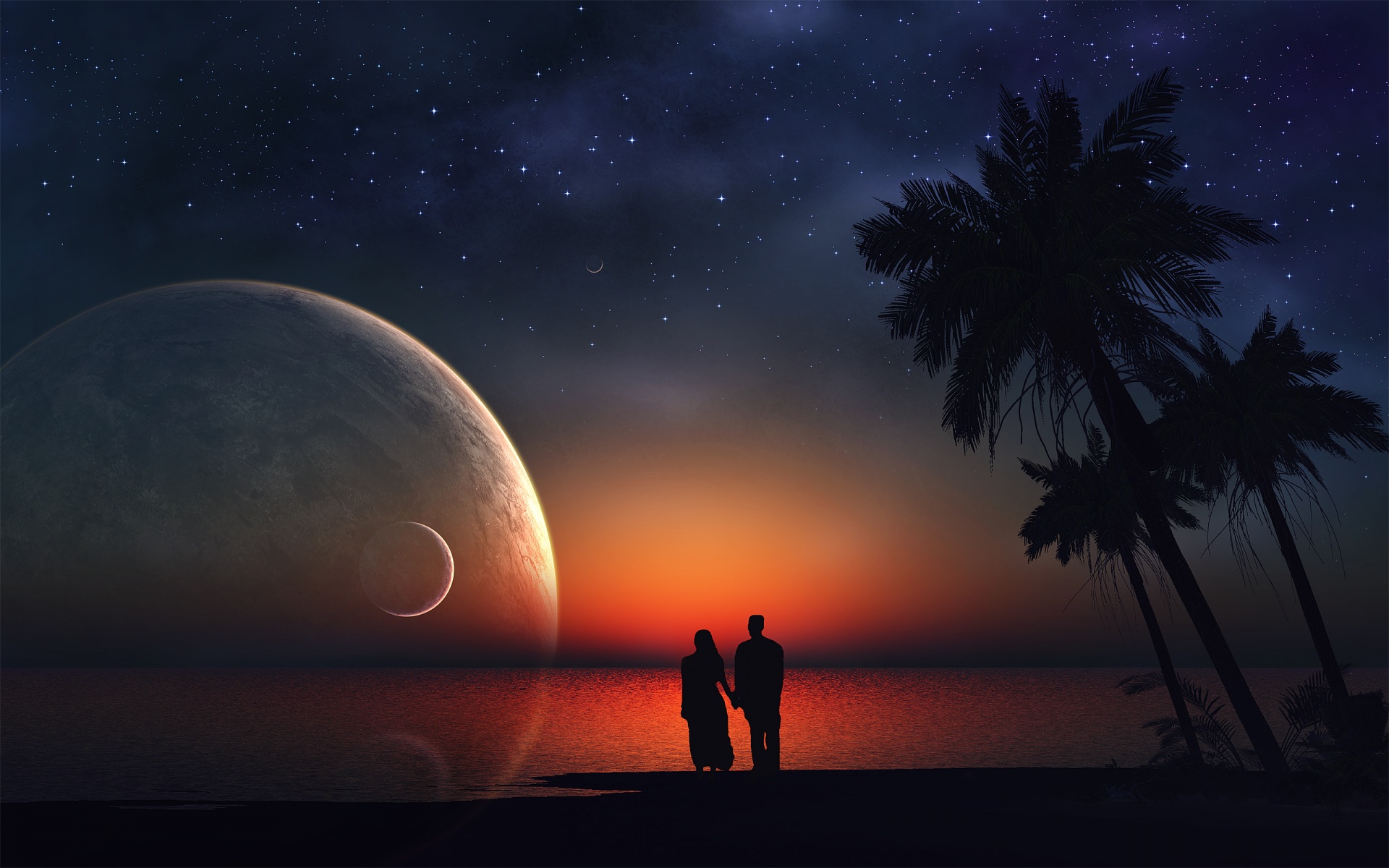 Lovers Dream - Moon At Night On The Beach - HD Wallpaper 
