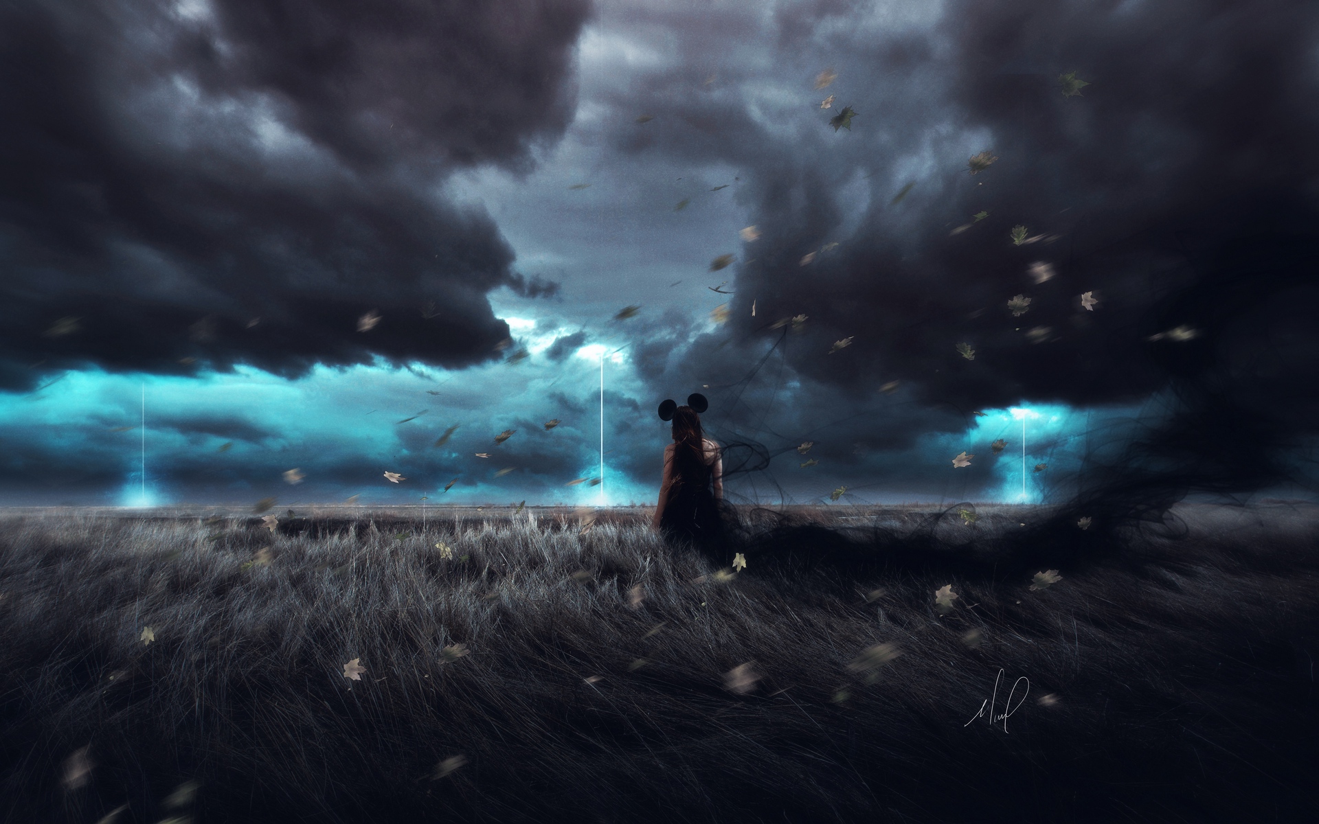 Wallpaper Girl, Field, Wind, Cloudy, Grass, Clouds, - Ветер Арт - HD Wallpaper 