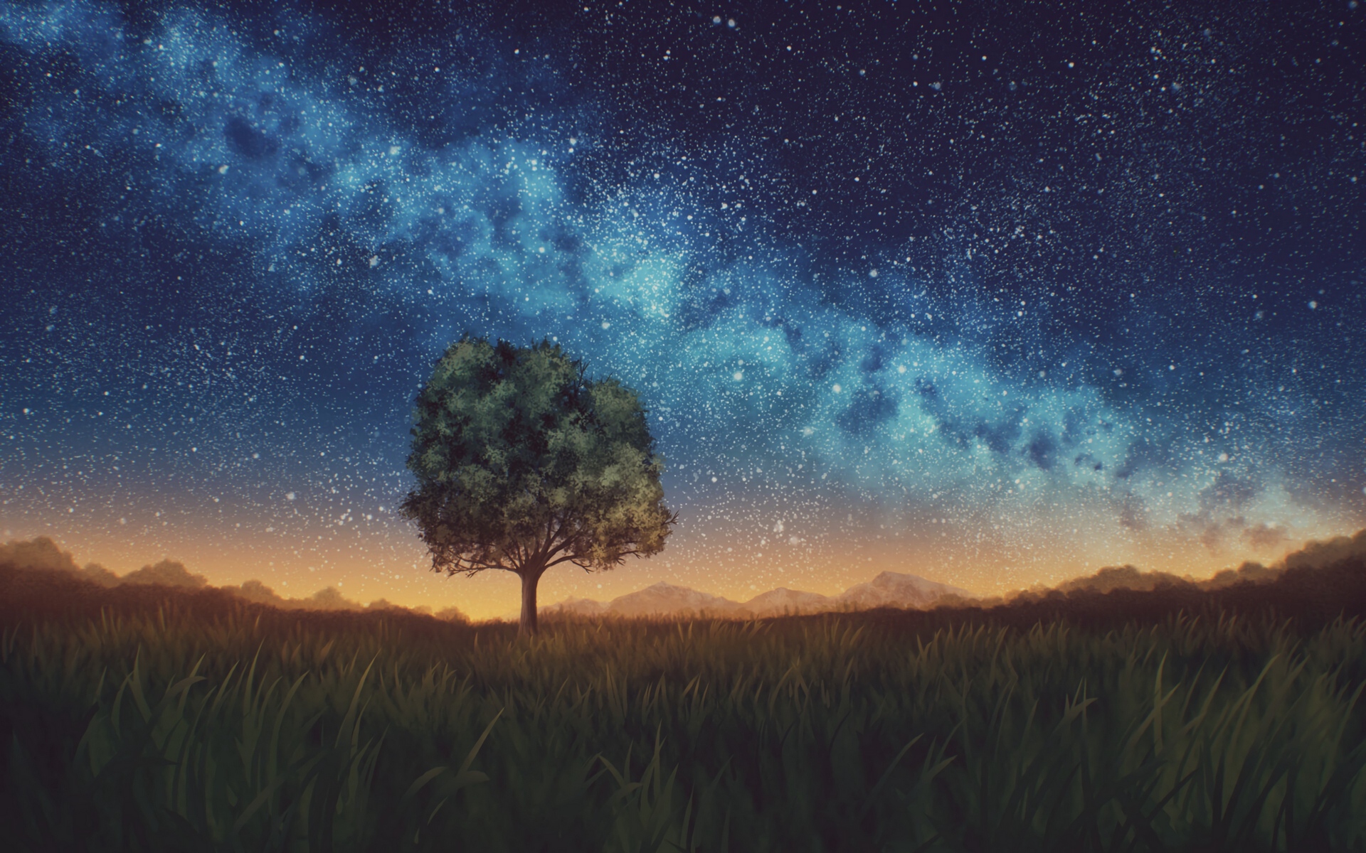 Wallpaper Lawn, Tree, Night, Starry Sky, Dark - Wallpaper - HD Wallpaper 