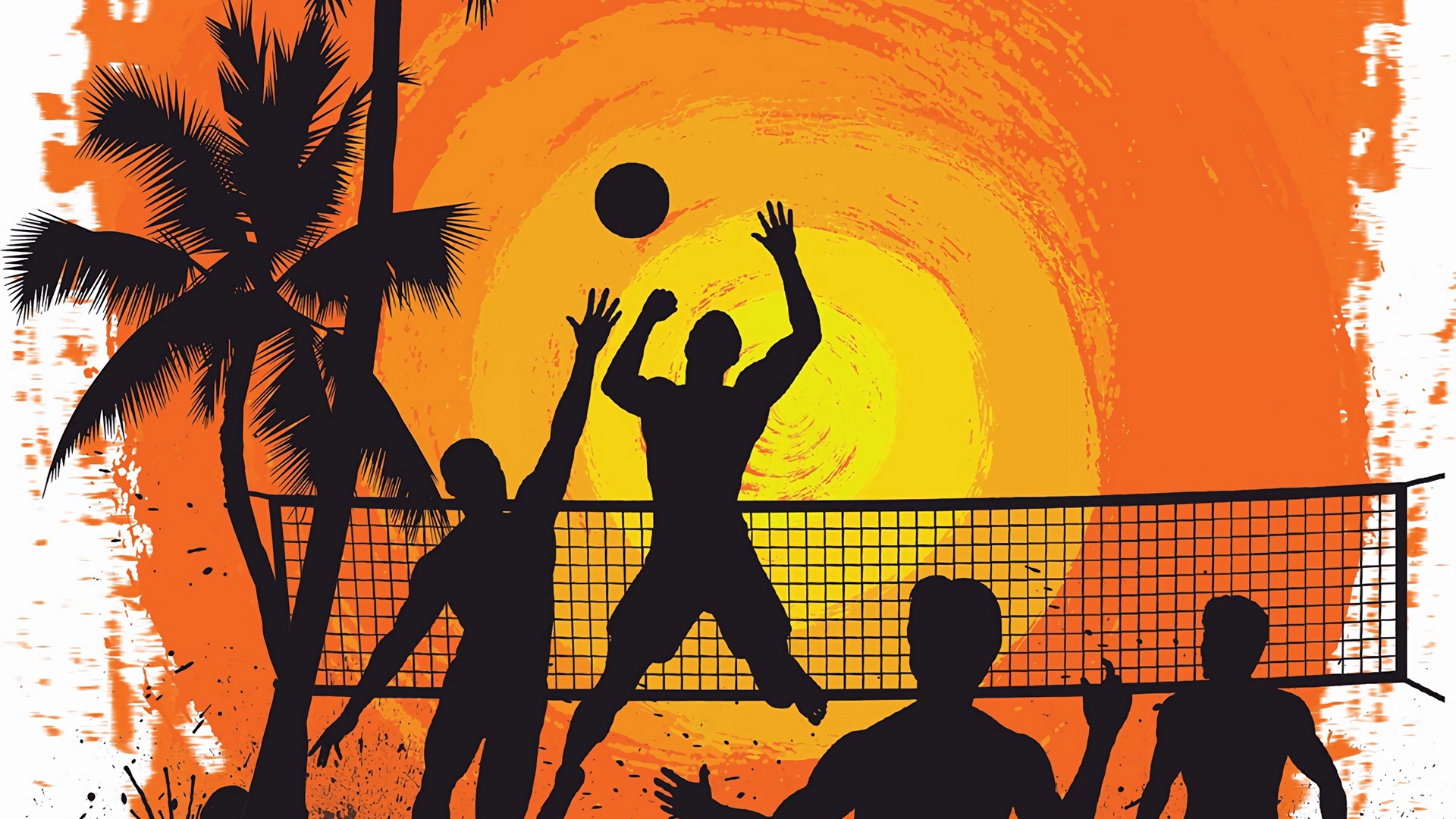 Wallpaper Volleyball, Silhouettes, Sun, Palm Trees, - New York City - HD Wallpaper 
