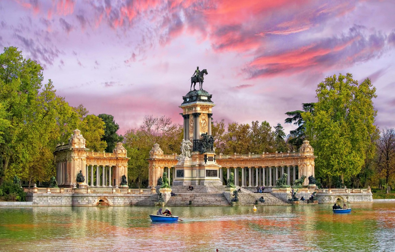 Photo Wallpaper Water, Trees, Park, Boat, Monument, - Buen Retiro Park - HD Wallpaper 