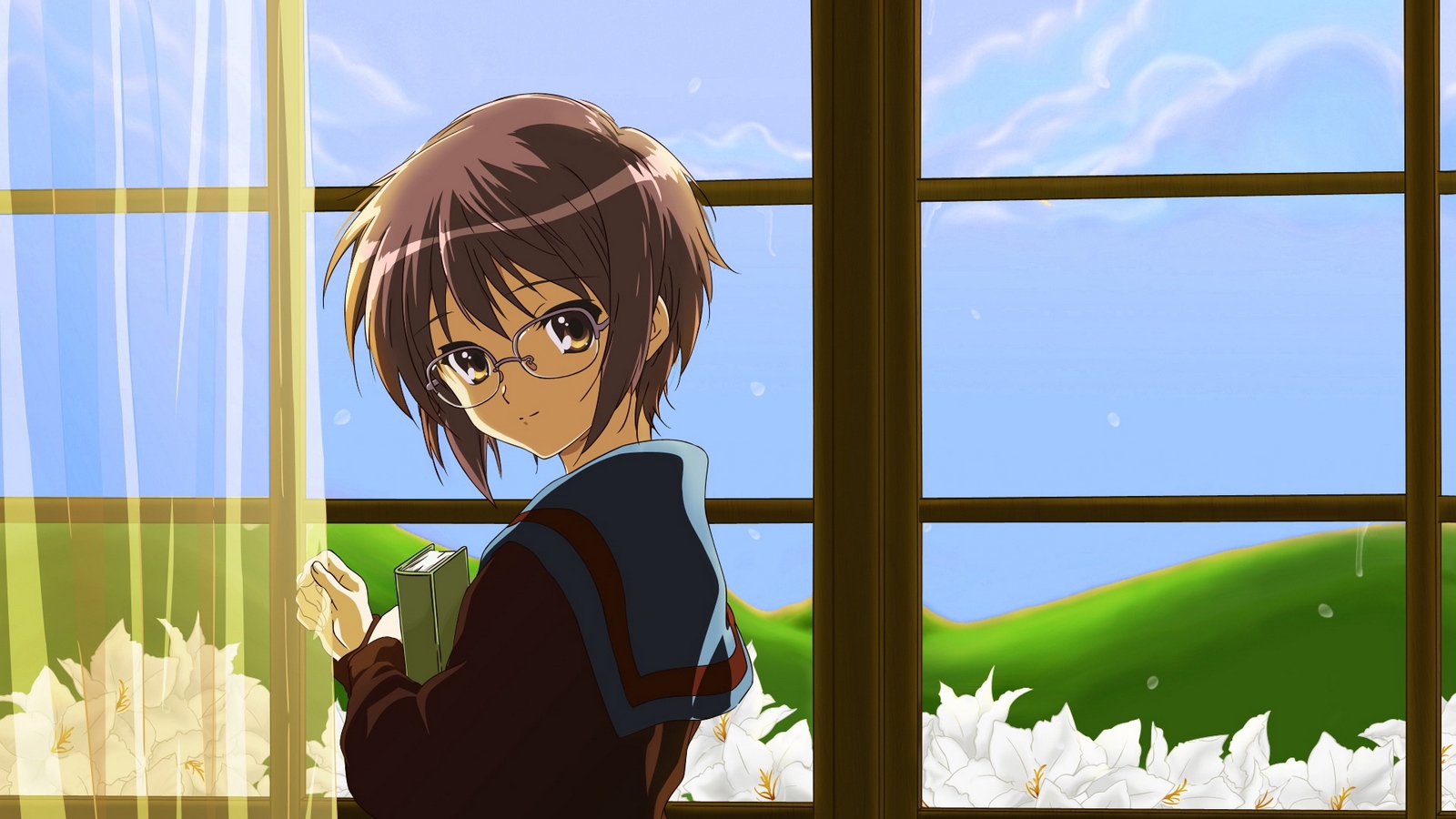 Wallpaper Girl, Pin-up, Window, Book, Street - Yuki Nagato - HD Wallpaper 