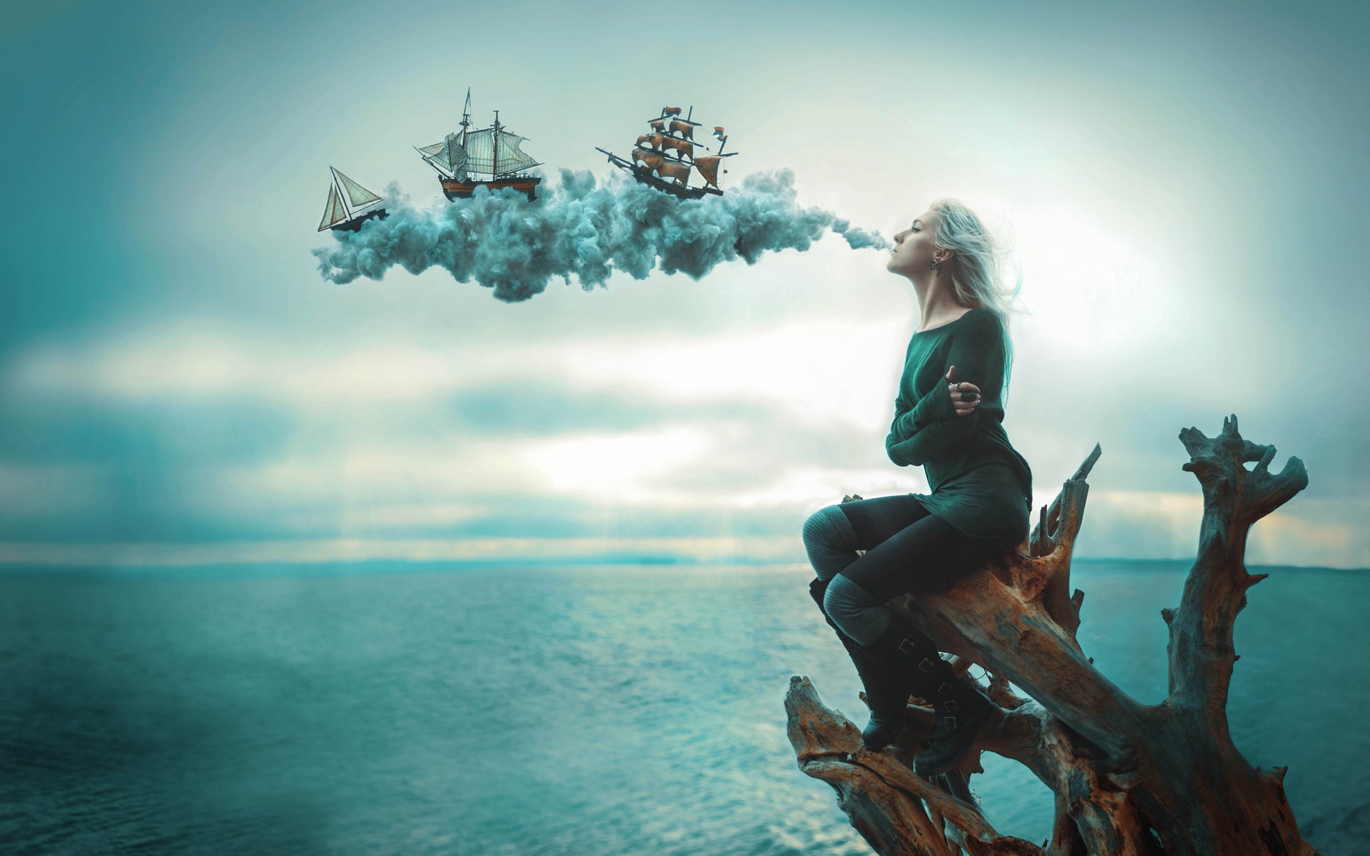 Wallpaper Girl, Sea, Smoke, Sailing Ships, Photoshop - HD Wallpaper 