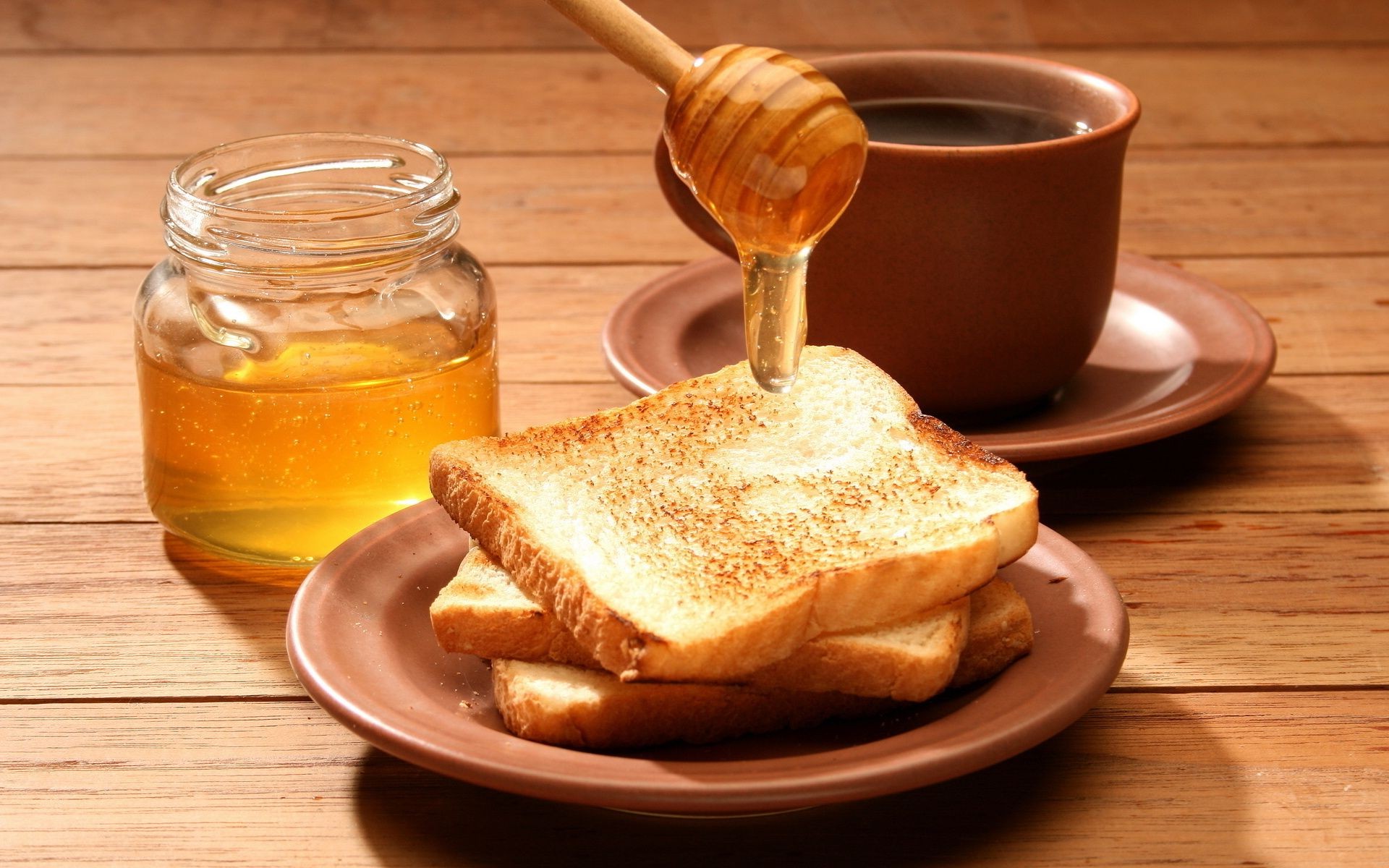 Breakfast Honey Food Wood Spoon Sweet Grow Bread Delicious - Coffee With Bread And Honey - HD Wallpaper 