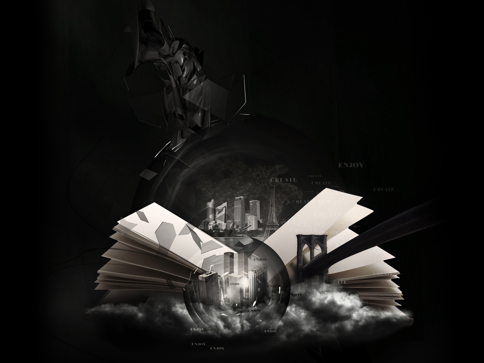 Wallpaper Book, Page, Black, White, Irrealism - Black And White Book