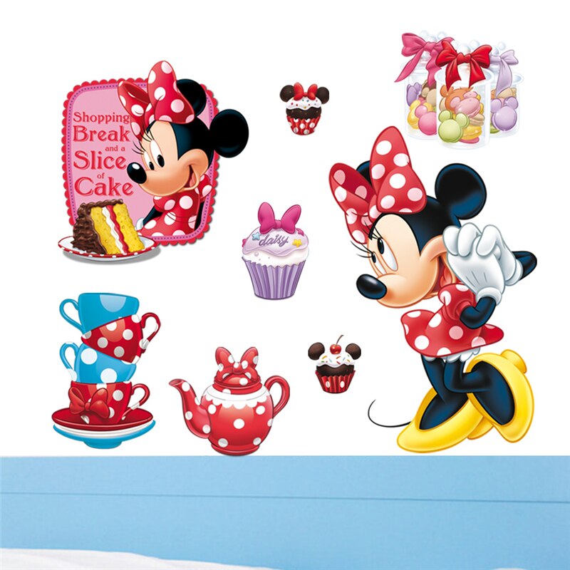 Cartoon Minnie Shopping And A Slice Of Cake Wall Stickers - Minnie Mouse Wall Stickers Cupcakes - HD Wallpaper 