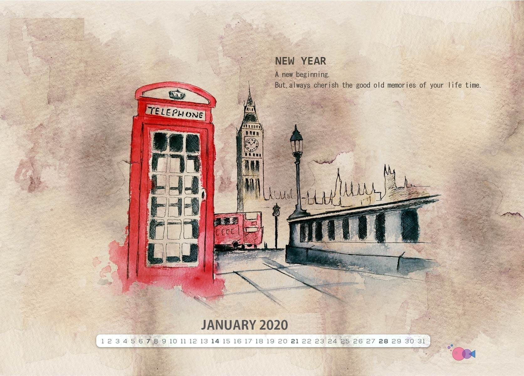New Year January 2020 Desktop Calendar - Watercolor Big Ben Painting - HD Wallpaper 