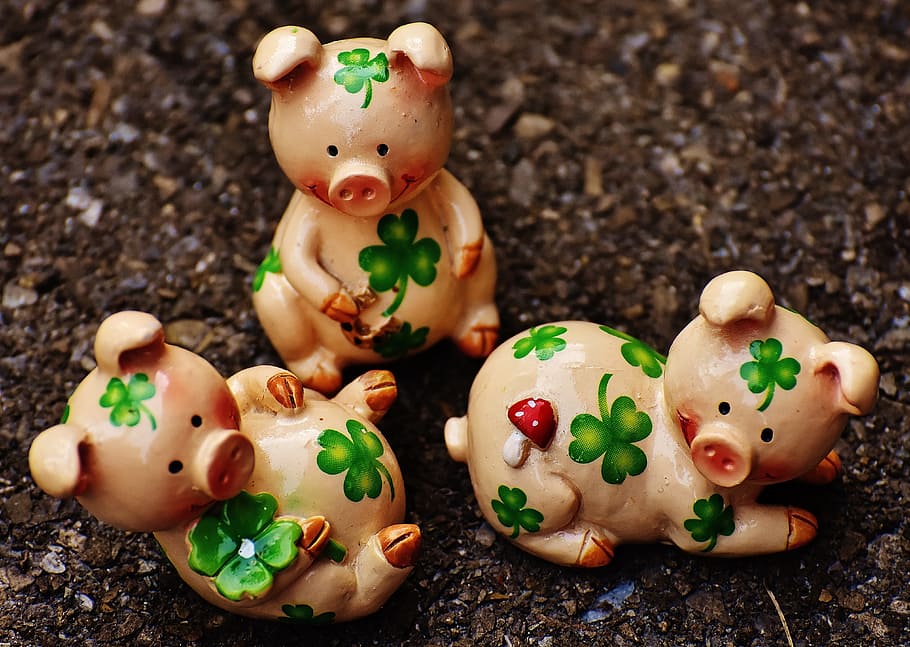 Three Pig Ceramic Figurines On Ground, Lucky Pig, Figure, - Lucky Pig Charm - HD Wallpaper 