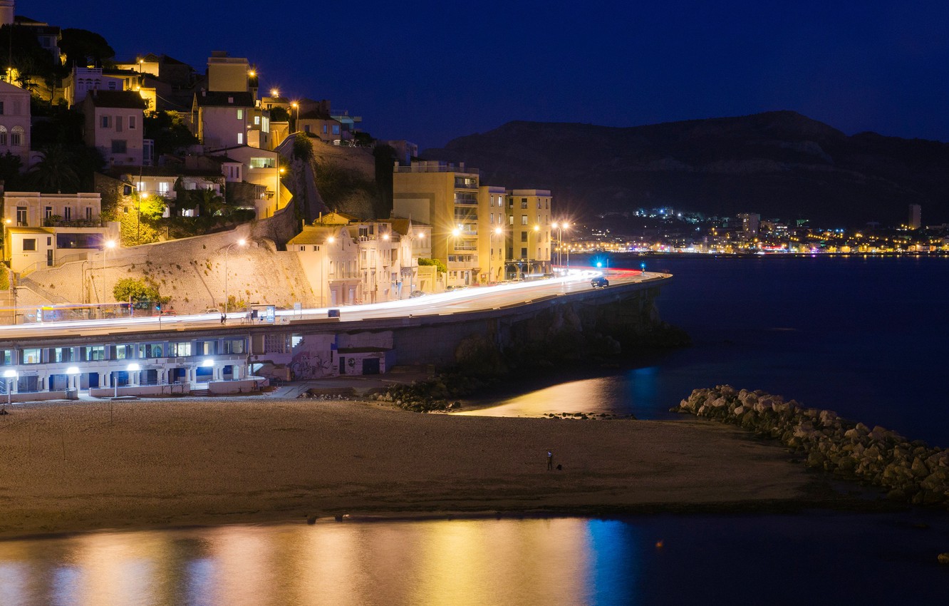 Photo Wallpaper Sea, Night, Lights, France, Home, Marseille - Night - HD Wallpaper 