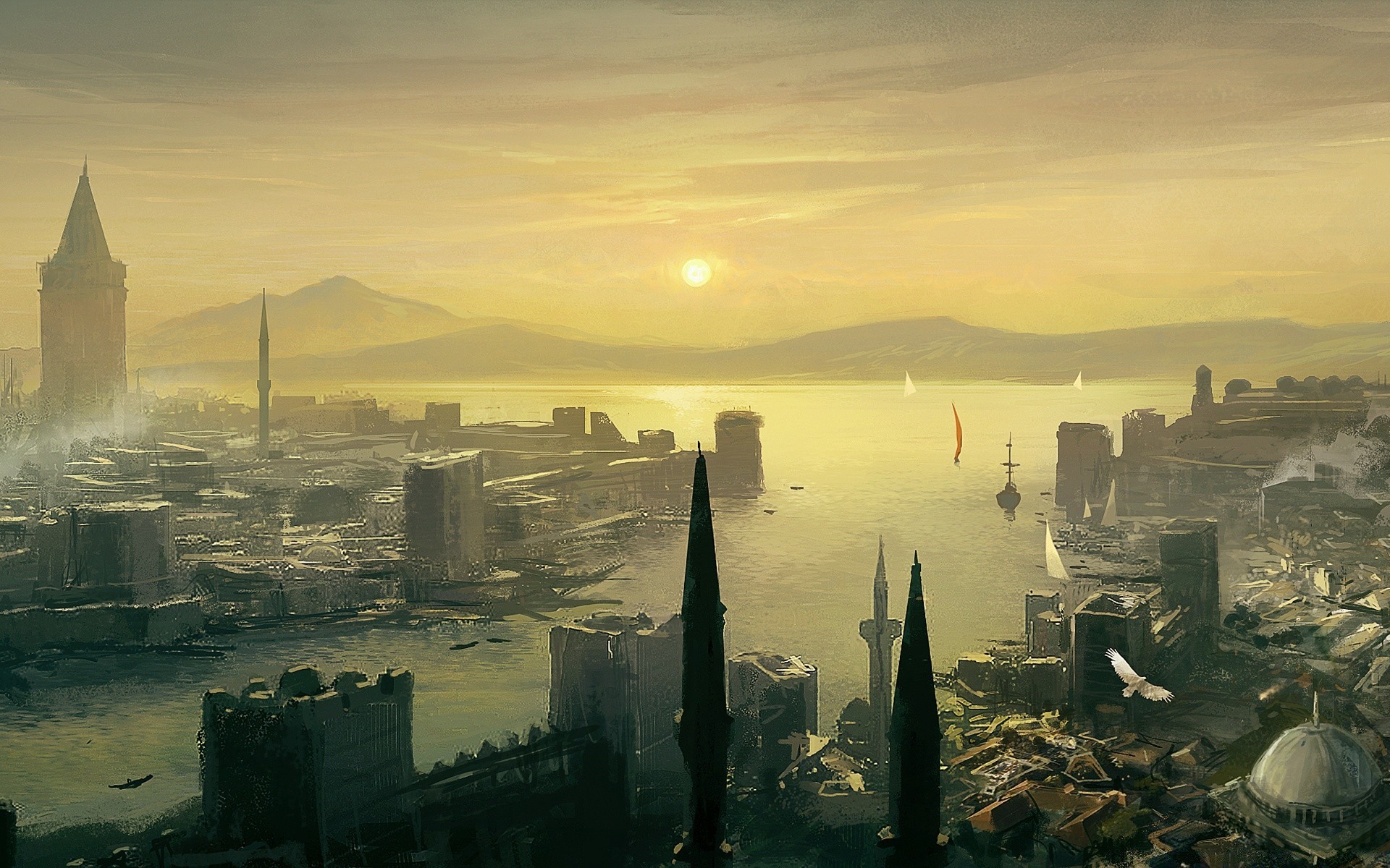 Assassin S Creed Dawn Sunset Architecture Water City - Assassin's Creed Revelations Constantinople - HD Wallpaper 