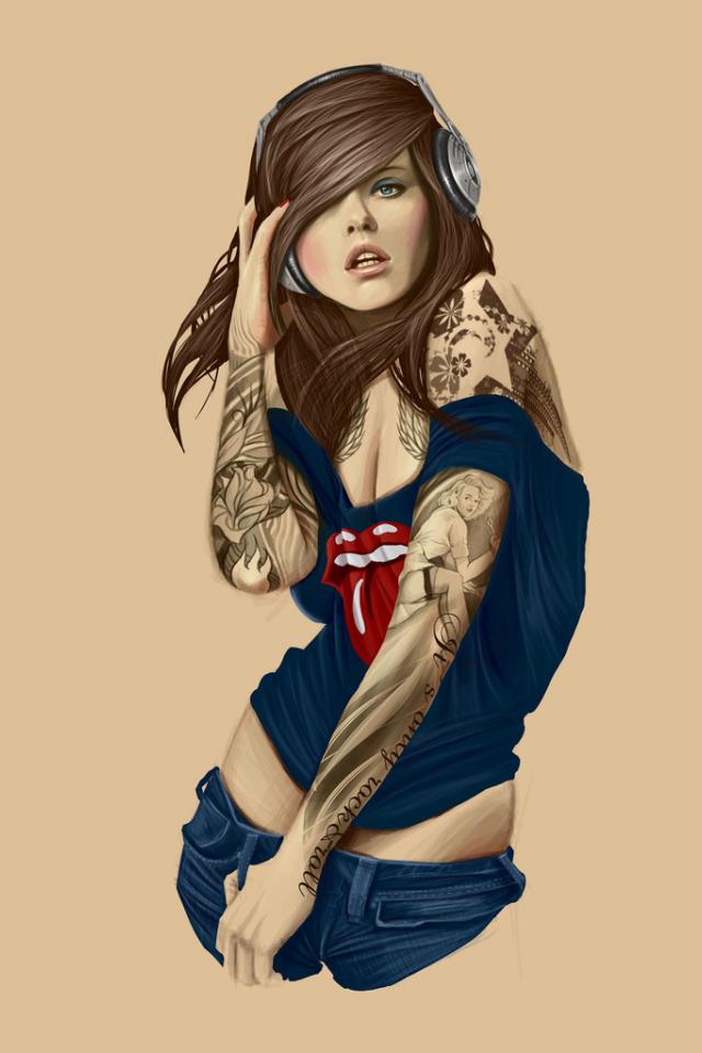 Girl With Headphones - Tattoo Girl - HD Wallpaper 