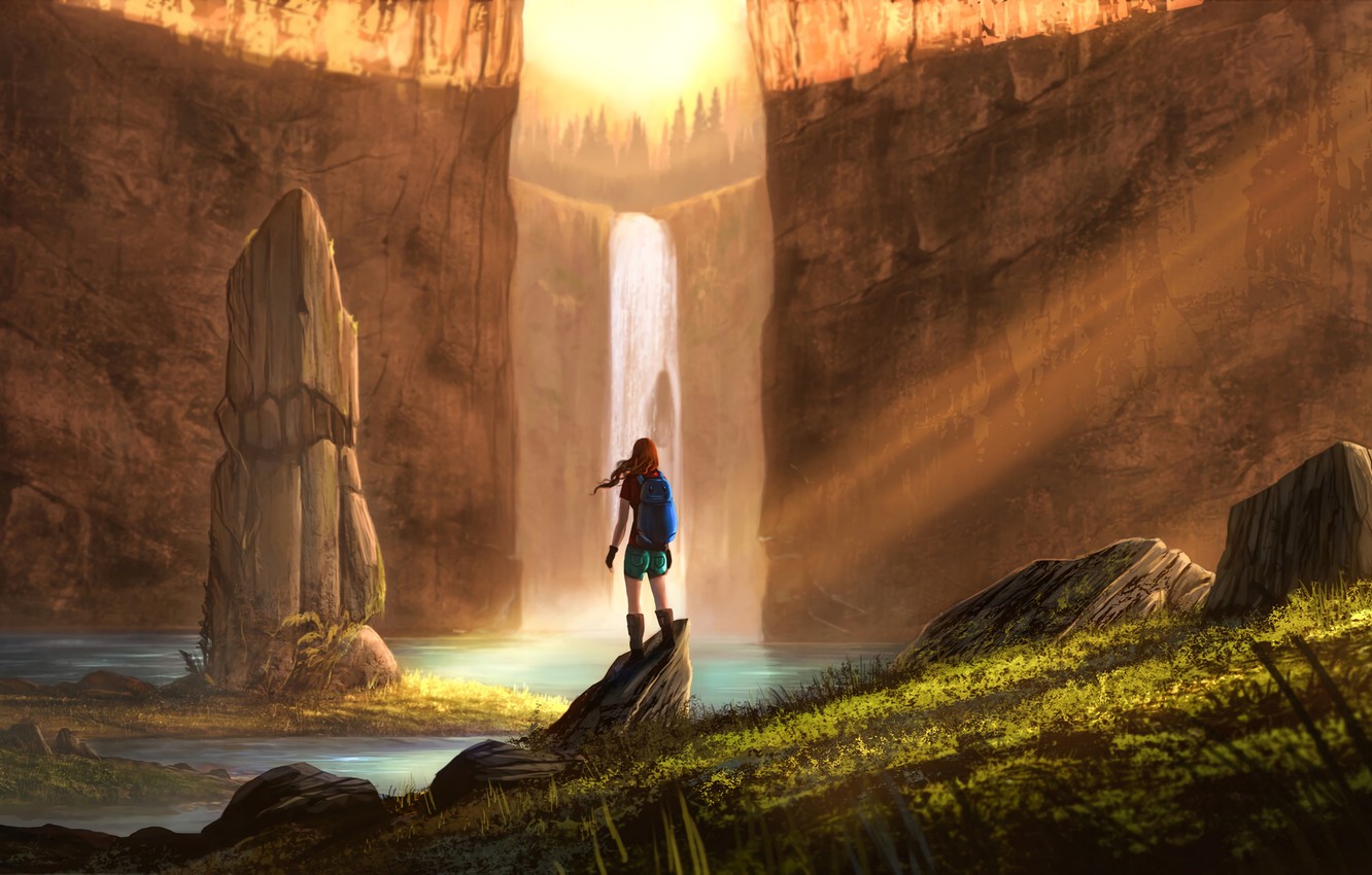 Photo Wallpaper Girl, Fantasy, Water, Art, Land, Rocks, - Art - HD Wallpaper 