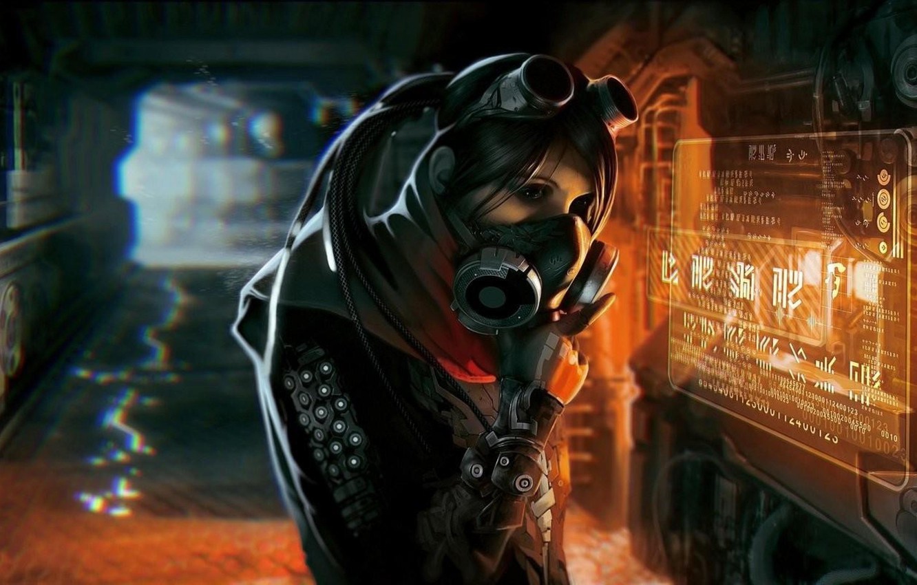Photo Wallpaper Girl, Art, Sci Fi, Cyberpunk, Ultra - Cyberpunk Girl Gas Mask - HD Wallpaper 
