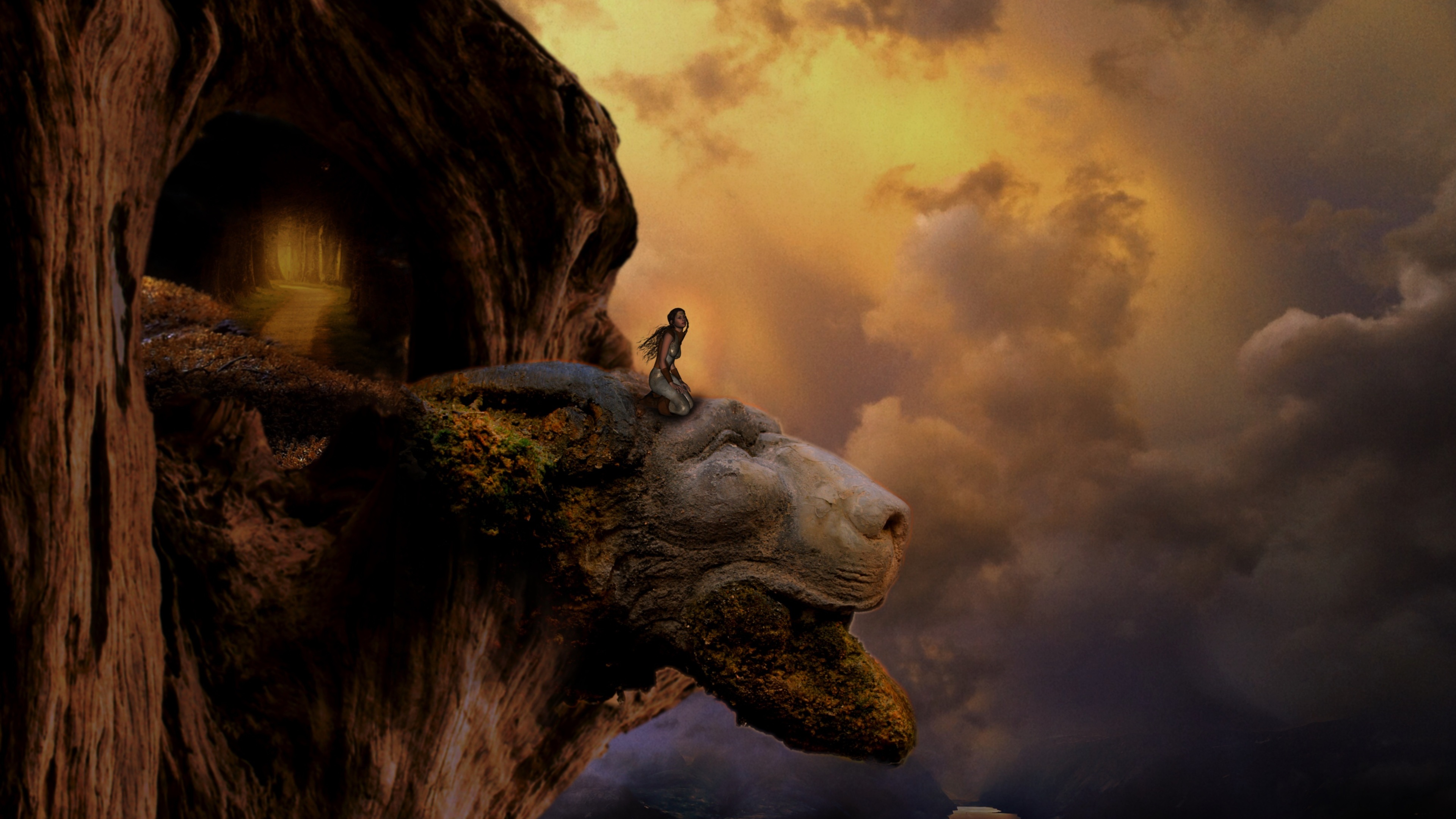 Fantasy Lion Head Artistic Top View Mountains - HD Wallpaper 