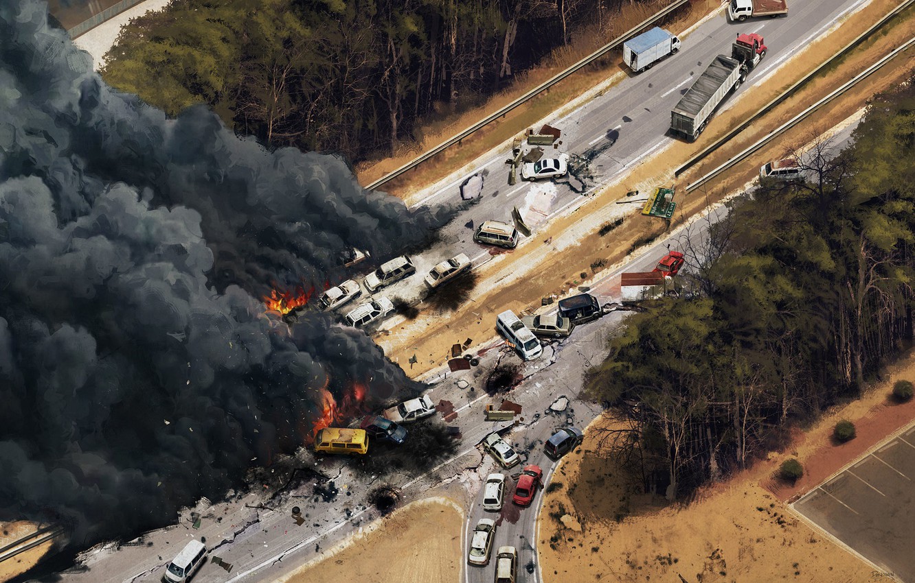 Photo Wallpaper Crash, Smoke, Track, Disaster, Clash, - Aerial View Car Wreck - HD Wallpaper 
