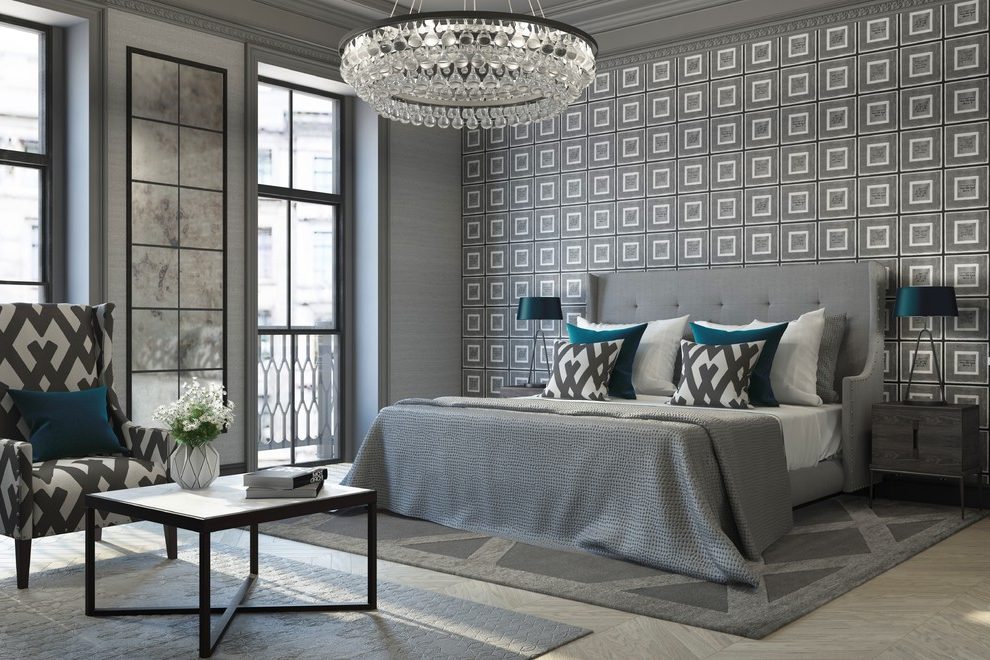 New York Teal Damask Wallpaper Bedroom Transitional - Interior Design - HD Wallpaper 