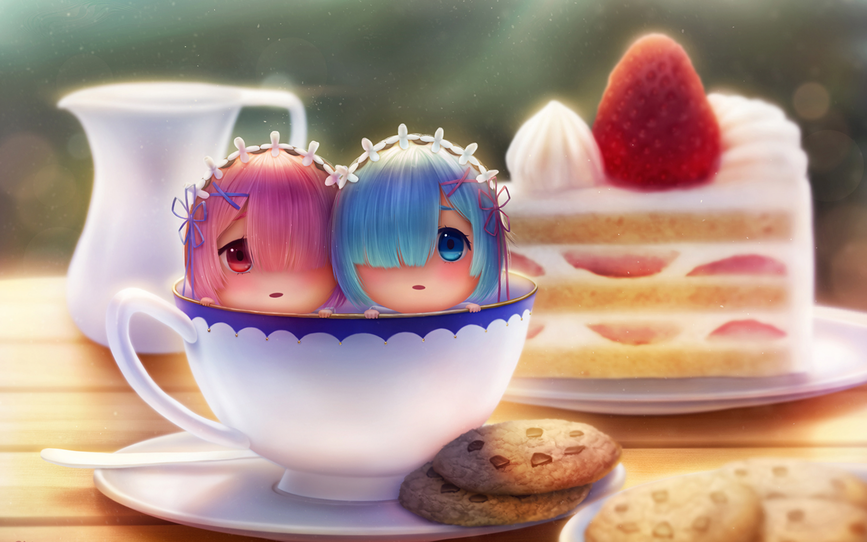 Zero, Ram And Rem, Cute, Chibi, Coffee Cup, Cake, Cookies - Cute Cup Of Coffee - HD Wallpaper 