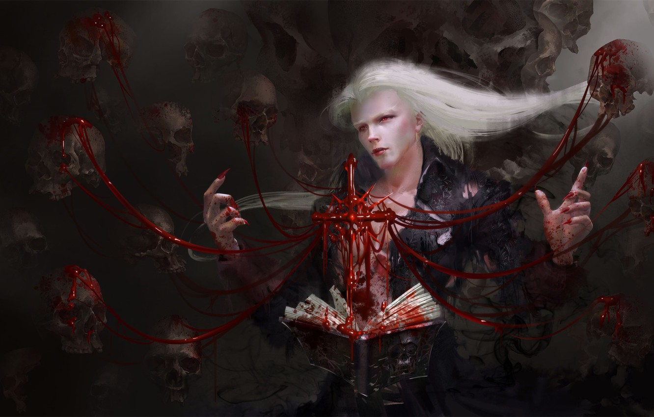 Photo Wallpaper Blood, Vampire, Skull, Spell, Red Eyes, - Fantasy Male Vampire Artwork - HD Wallpaper 
