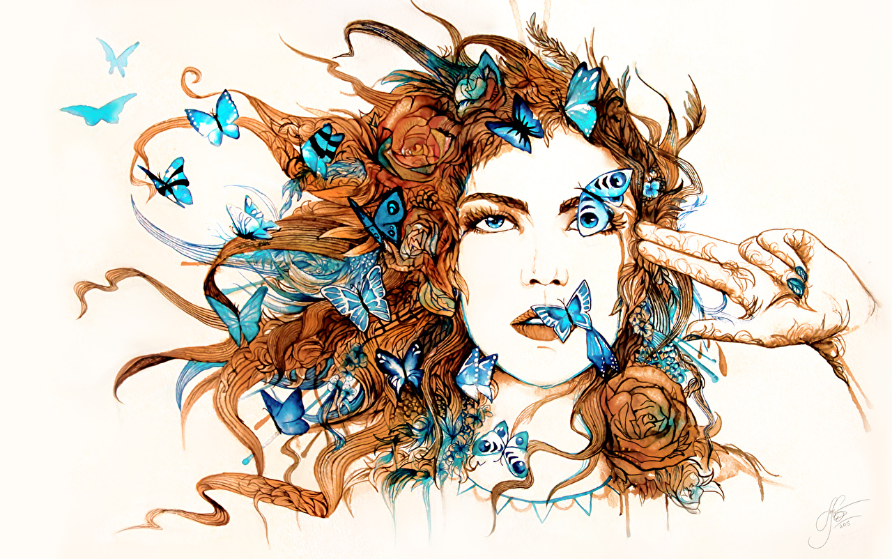 Girl With Butterflies On Face - HD Wallpaper 