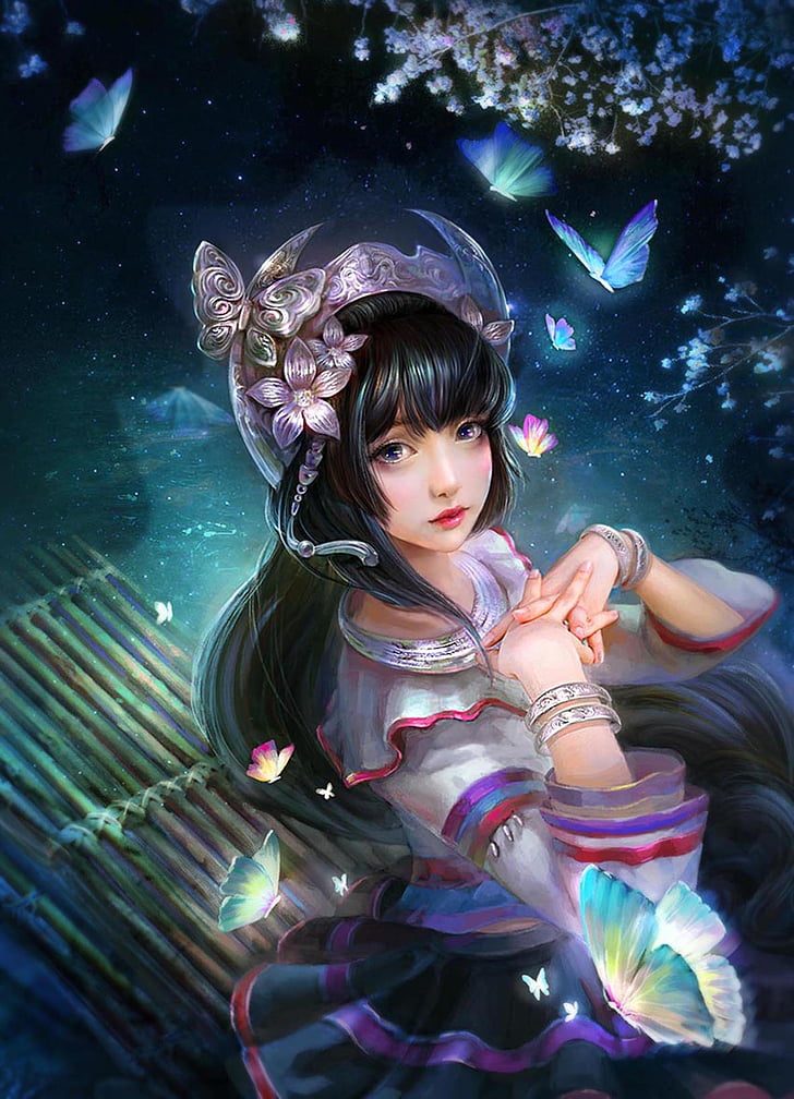 Butterfly, Fantasy, Flower, Girl, Night, Woman, Hd - Fantasy Butterfly Anime Girl Wallpaper Hd - HD Wallpaper 