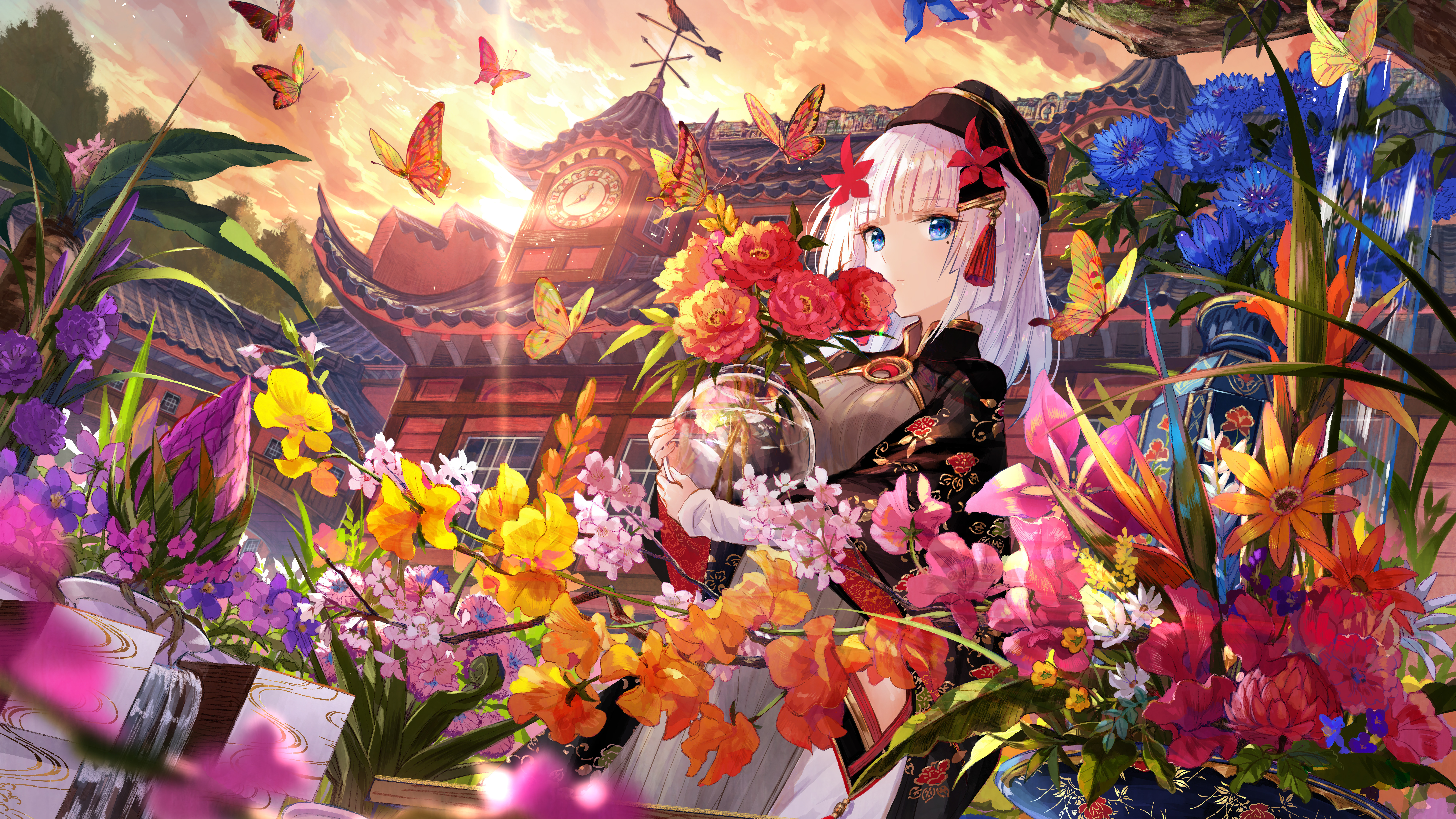 Anime, Girl, Butterfly, Beautiful, Flowers, 8k, - Anime Wallpaper 8k -  7680x4320 Wallpaper 
