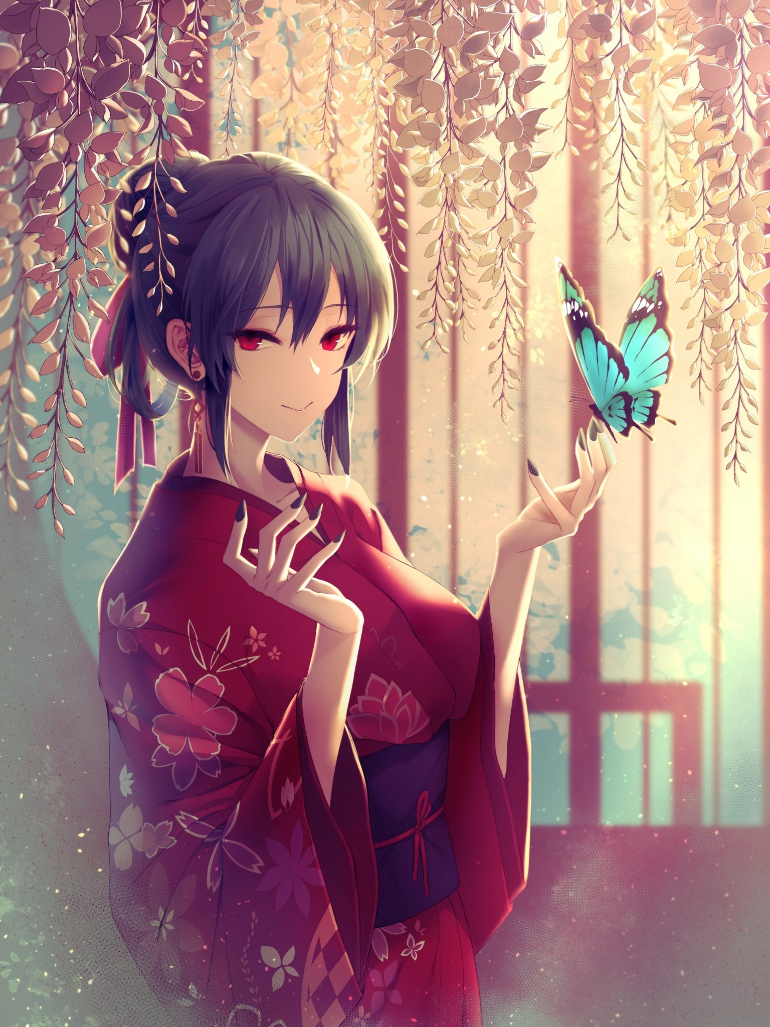 Anime Girl, Kimono, Blue Butterfly, Short Hair, Red - Short Black Hair Blue Eyed Anime Girl - HD Wallpaper 
