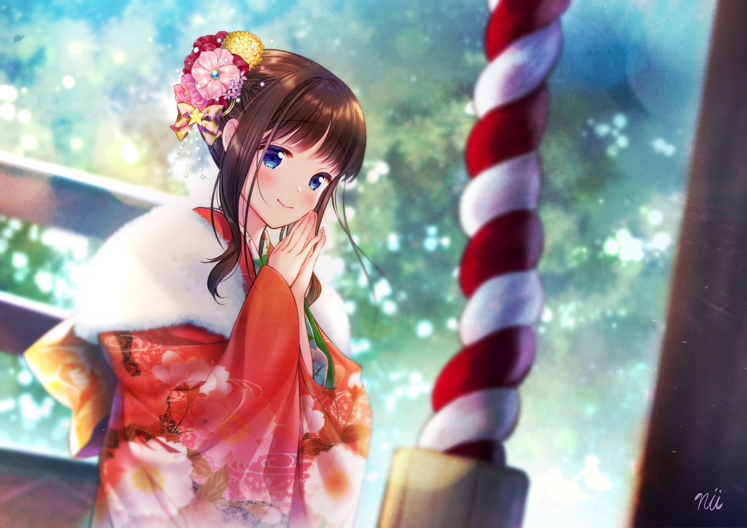 Ainili Blue Eyes Blush Brown Hair Flowers Japanese - Anime Girl Kimono In Shrine - HD Wallpaper 