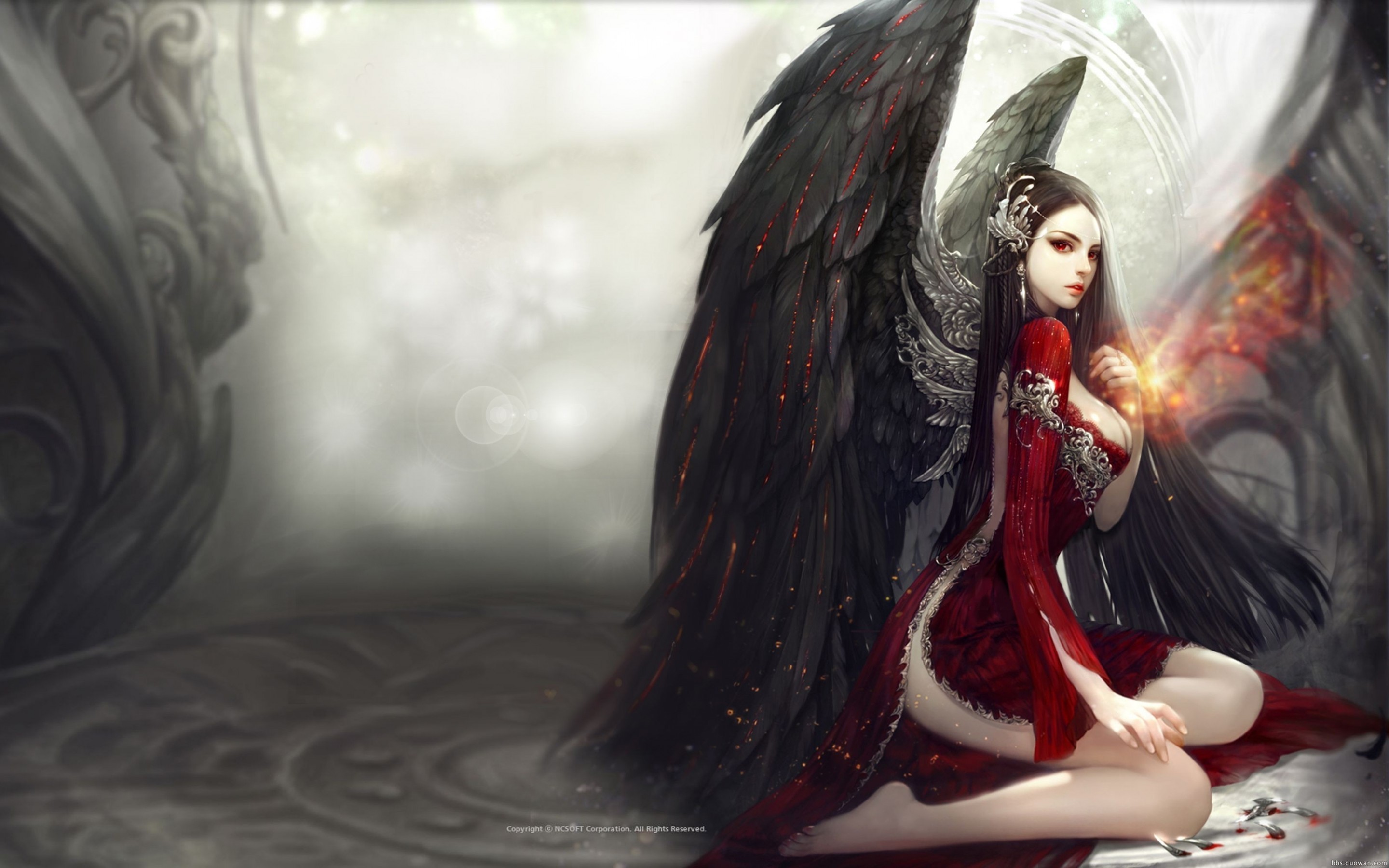 Aion Online, Fallen Angel, Dark Wings, Red Dress, Red - Fallen Angel - HD Wallpaper 