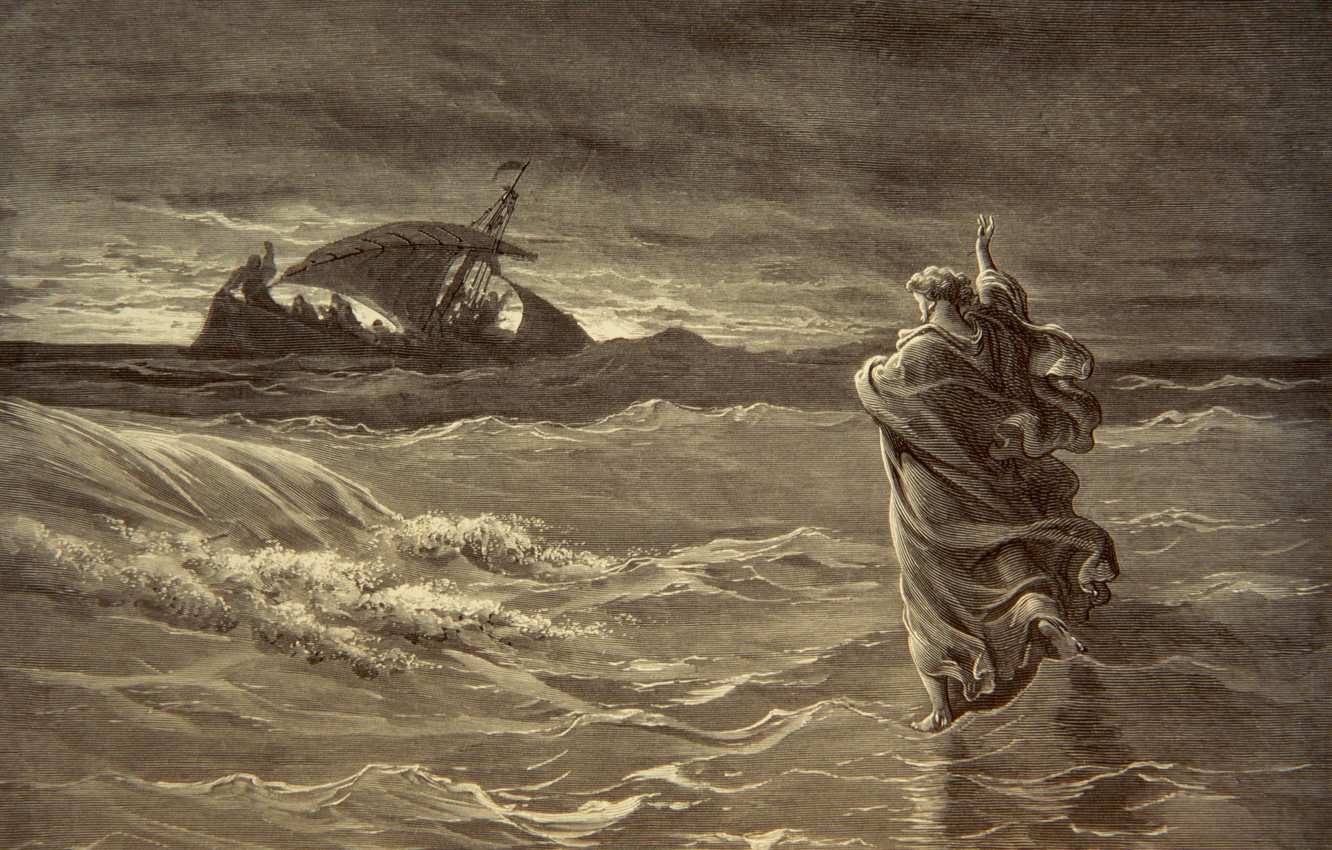 Photo Wallpaper Wave, Ship, Miracle, Jesus Walks On - Gustave Dore - HD Wallpaper 