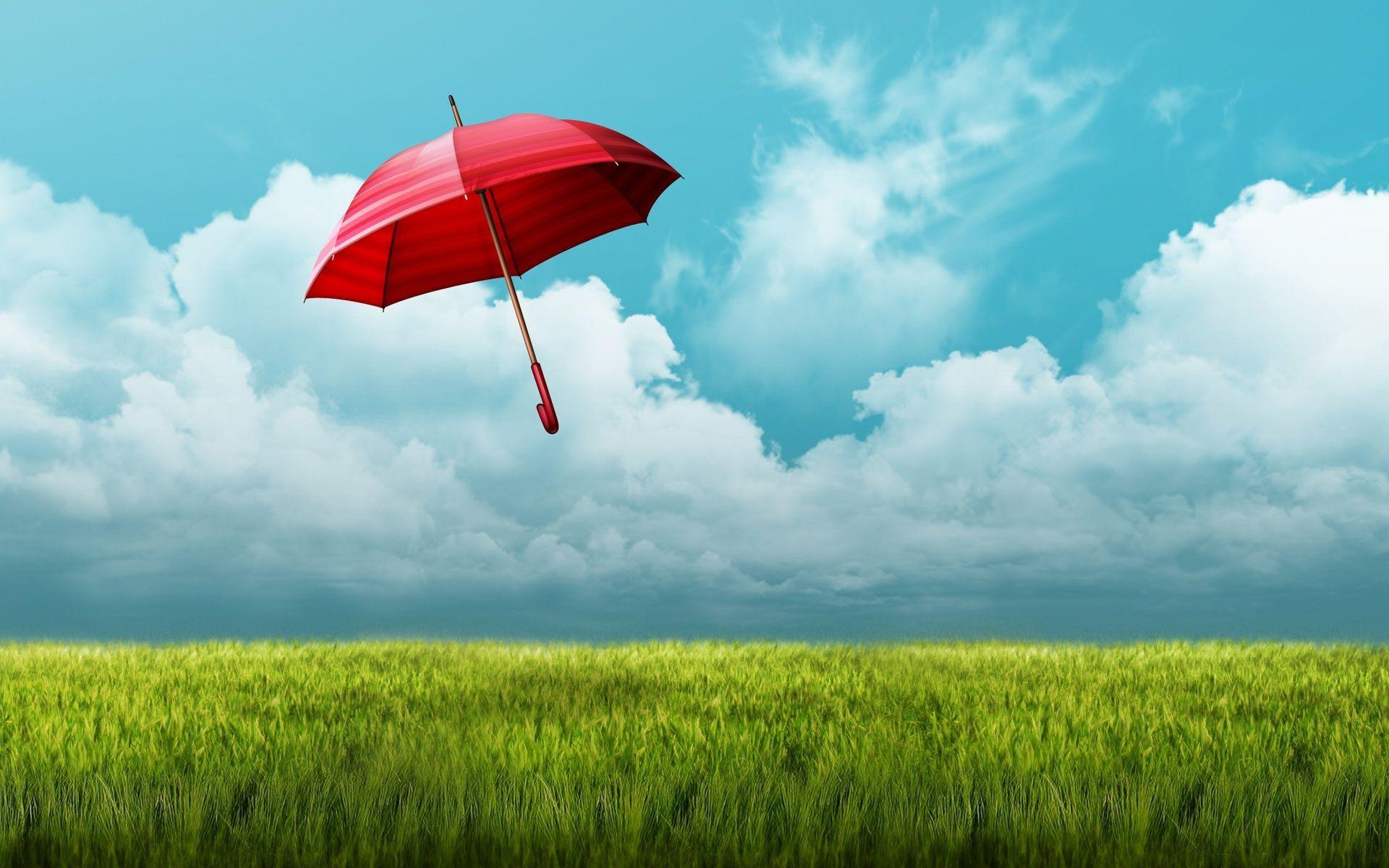 Umbrella Flying Above The Green Field - Flying Umbrella - HD Wallpaper 
