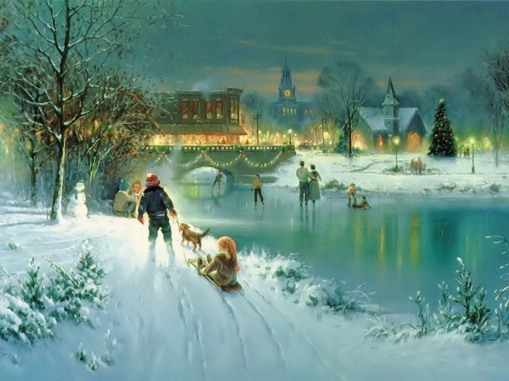 Christmas Scene,vintage - Most Beautiful Christmas Paintings - HD Wallpaper 