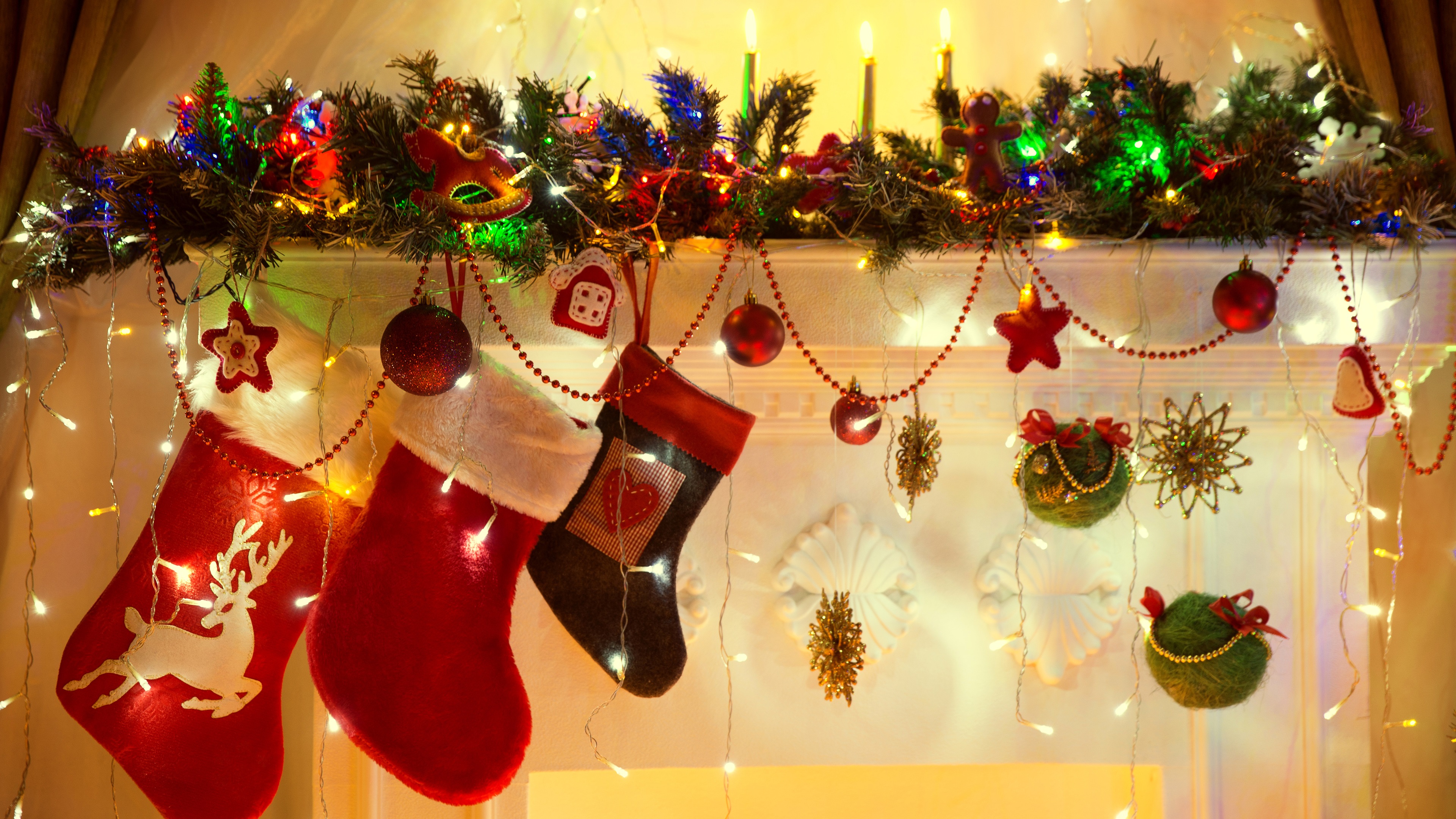 Wallpaper Christmas Theme, Socks, Balls, Lights, Decoration - Christmas Stockings - HD Wallpaper 
