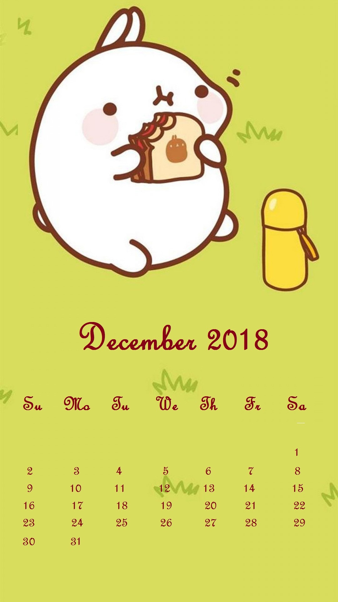 Cute Bunny December 2018 Iphone Calendar Wallpaper - Fat Molang - HD Wallpaper 