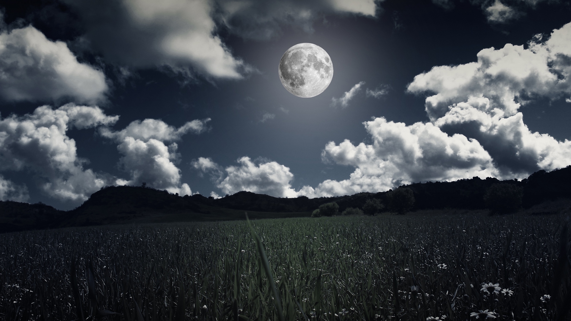 Wallpaper Moon, Clouds, Grass, Field, Full Moon, Photoshop - Moon In The Clouds - HD Wallpaper 
