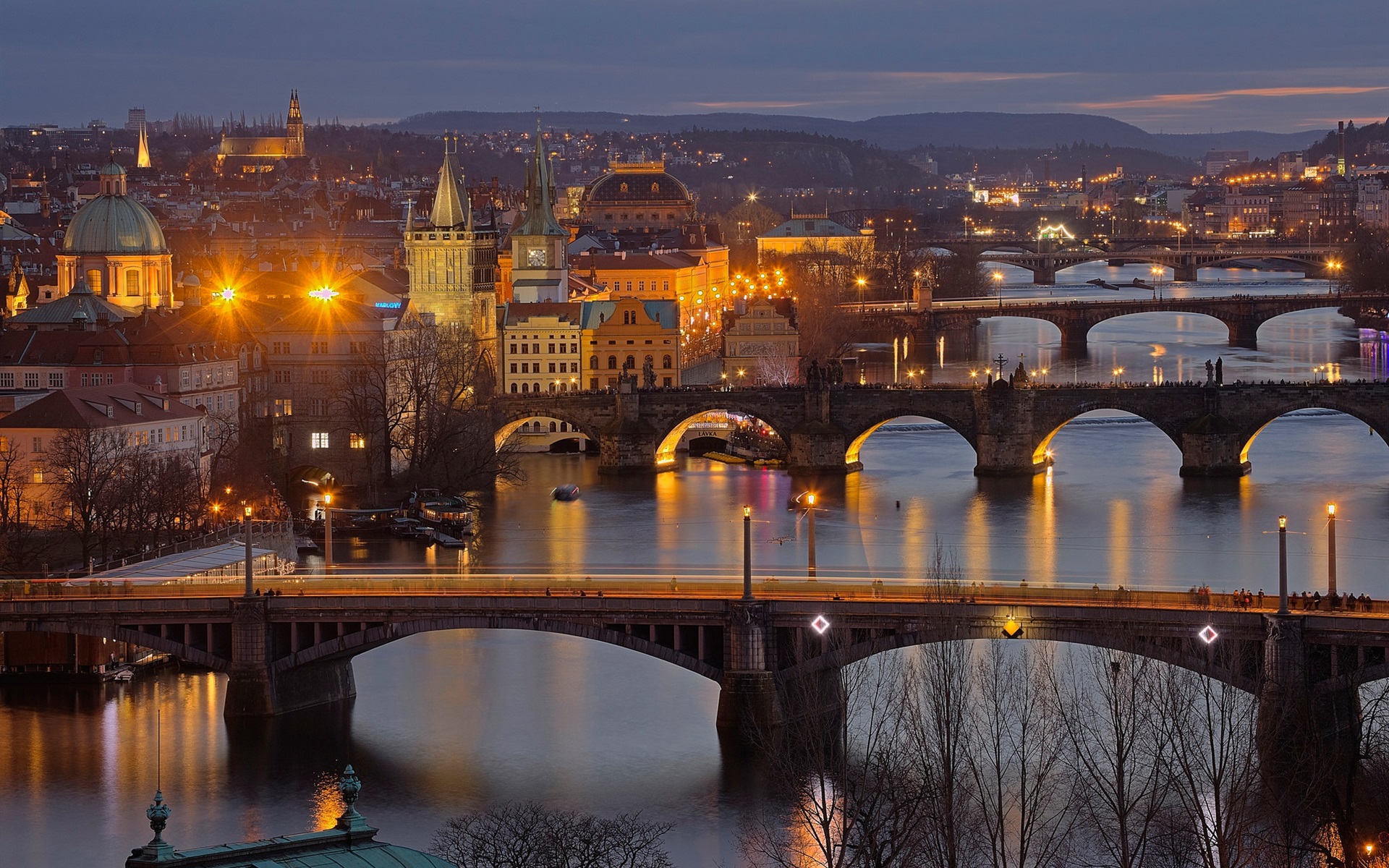 Wallpaper Vltava, Czech Republic, Prague, Night, Bridges, - Praha - HD Wallpaper 