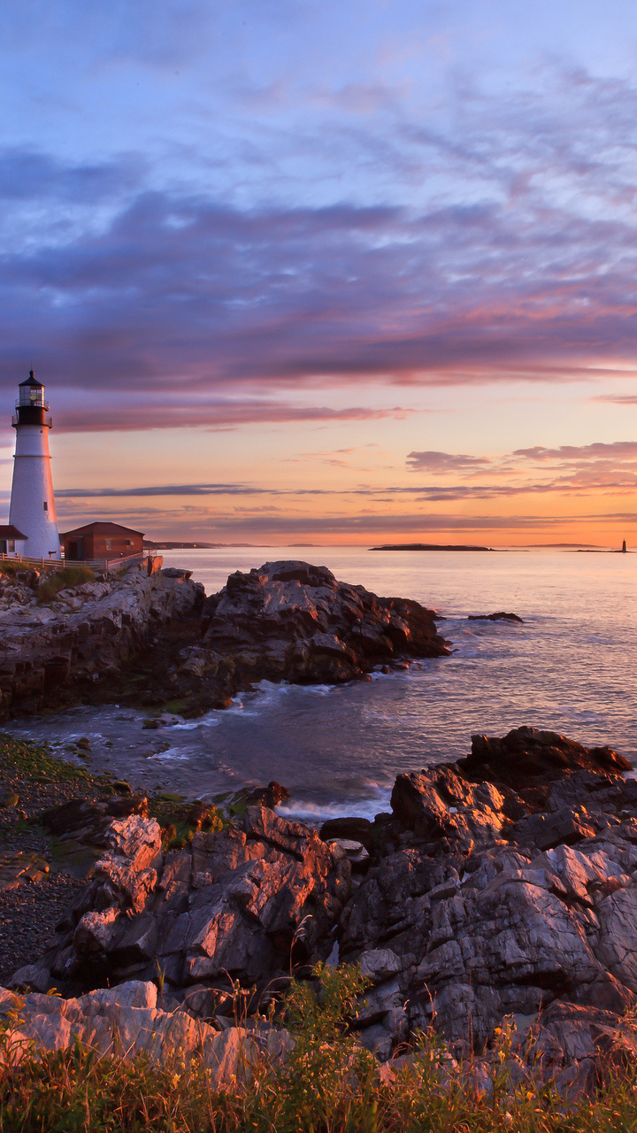 The Sun, Sea, Rock, Dawn, Lighthouse, Portland Photo - Portland Head Light Fall Sunrise - HD Wallpaper 