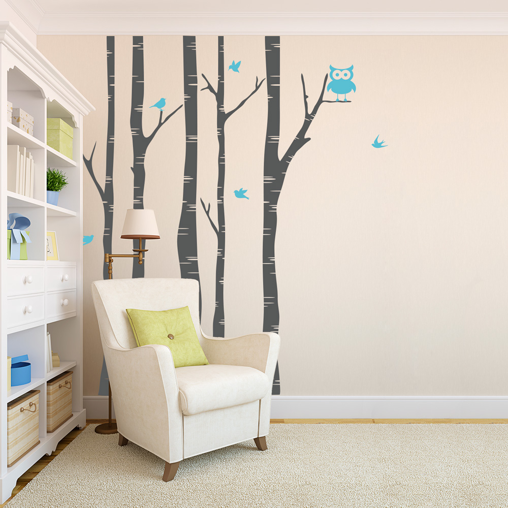 Birch Trees With Owl And Birds Wall Decal - Wall Decal Tree Owl - HD Wallpaper 