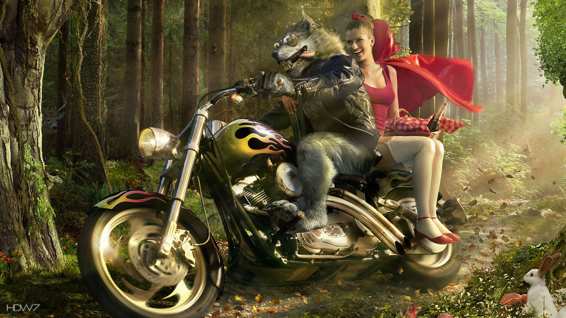 Wolf Biker And Little Red Riding Hood Wallpaper - Little Red Riding Hood Biker - HD Wallpaper 