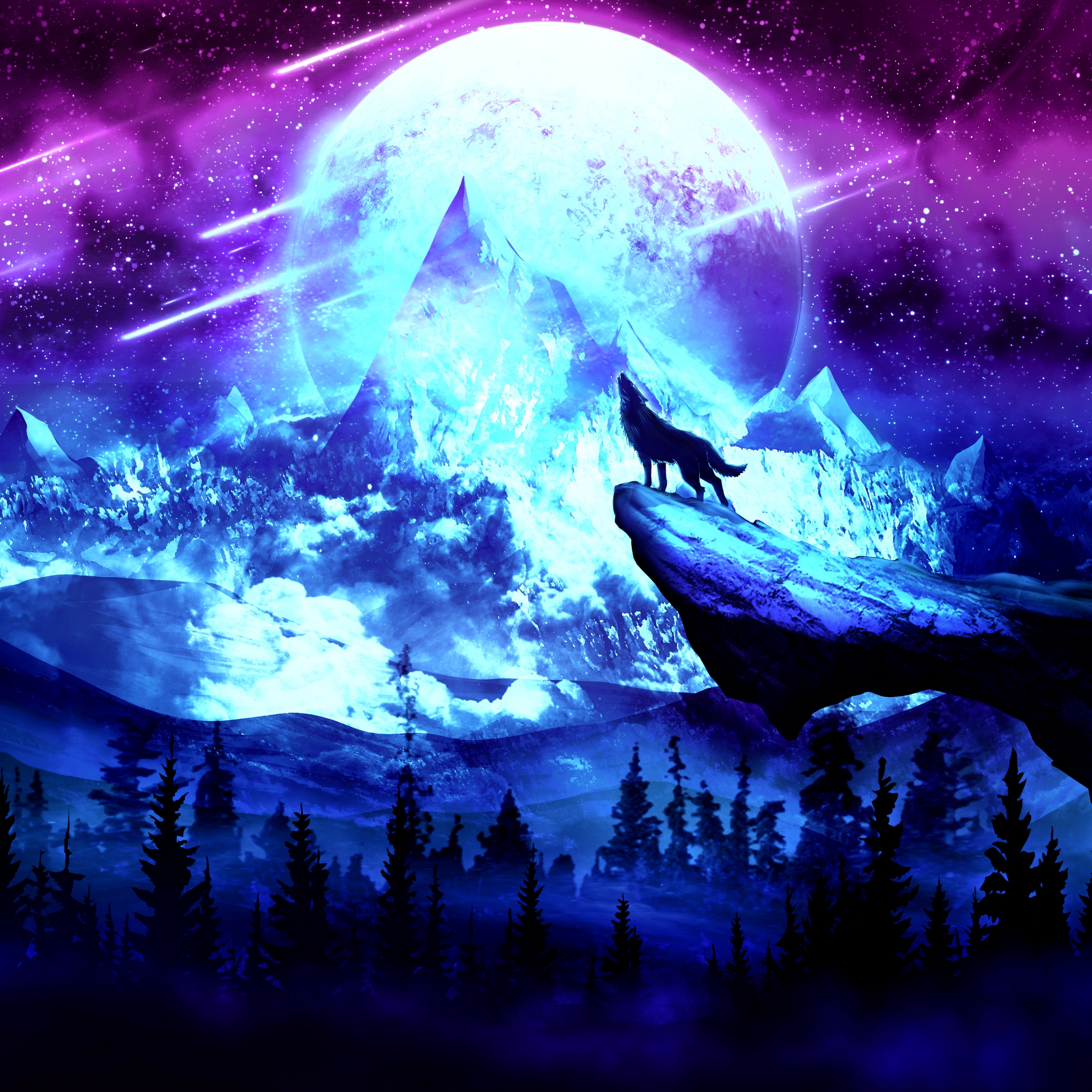 Wallpaper Wolf, Moon, Night, Mountains, Art - Wolf And Moon - 2780x2780