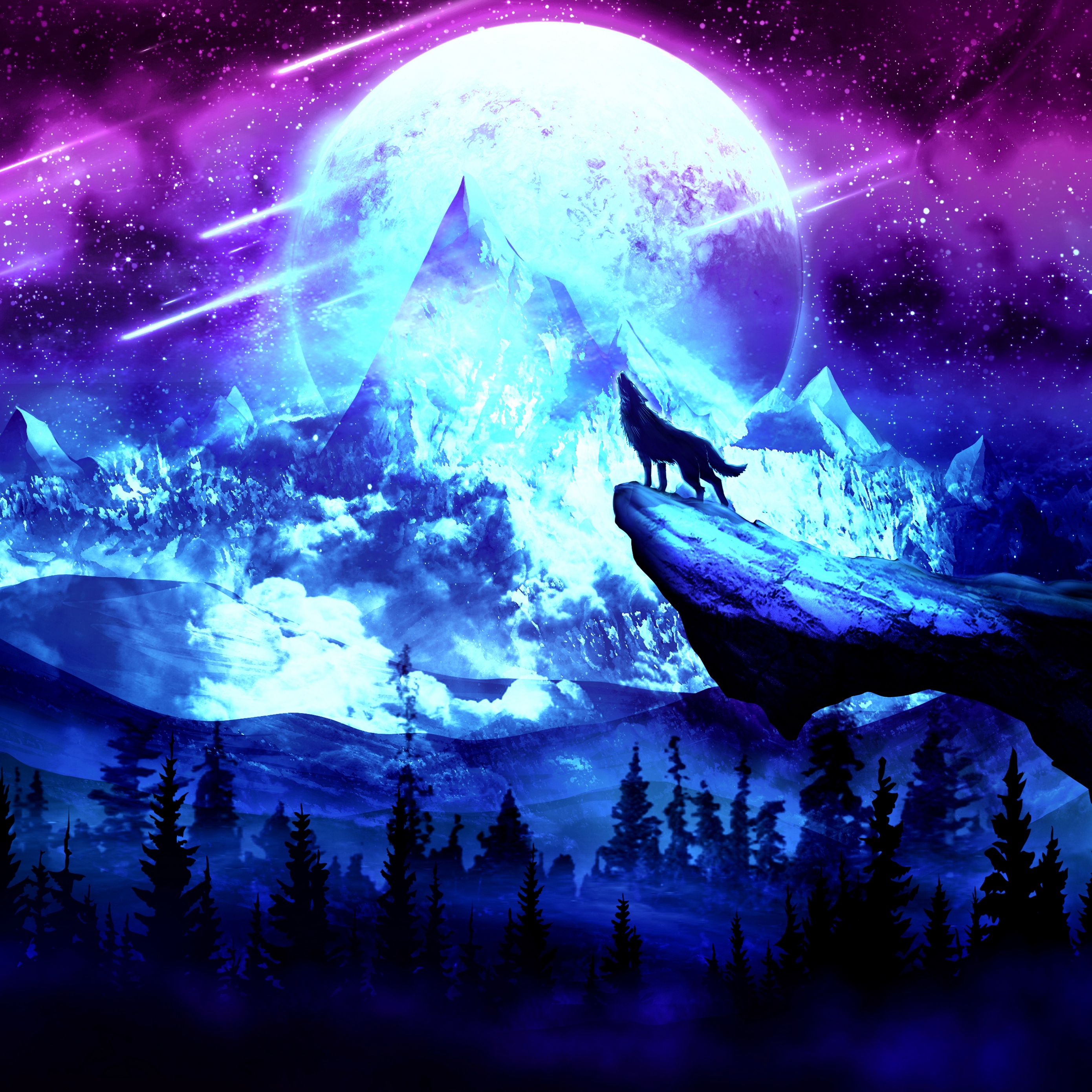 Wallpaper Wolf, Moon, Night, Mountains, Art - Wolf And Moon - HD Wallpaper 