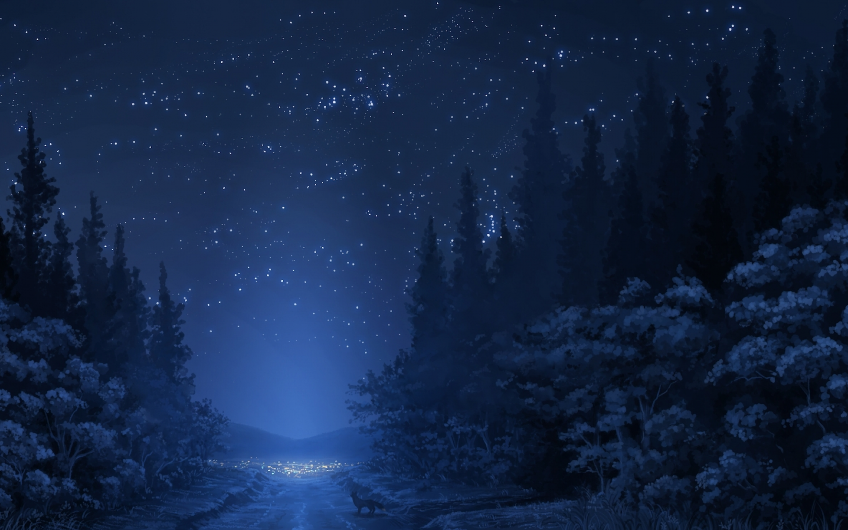 Anime Landscape, Forest, Night, Stars, Wolf - Night Snow Forest Background - HD Wallpaper 