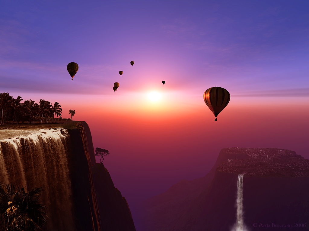 Beautiful Mountain View - Hot Air Balloon Over Waterfall - HD Wallpaper 