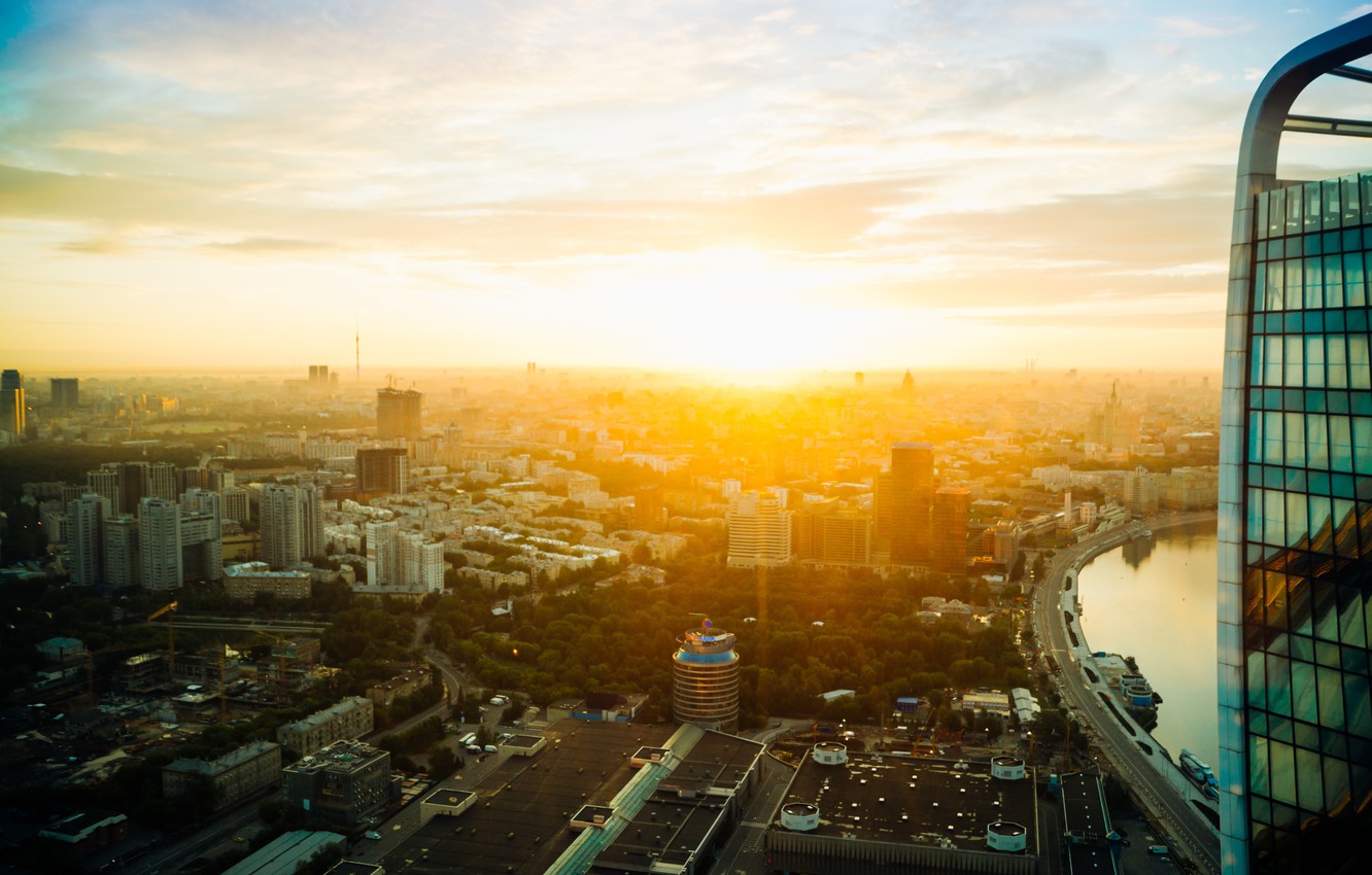Photo Wallpaper City, Light, Summer, Sky, Blue, Panorama, - Morning Sun Building - HD Wallpaper 