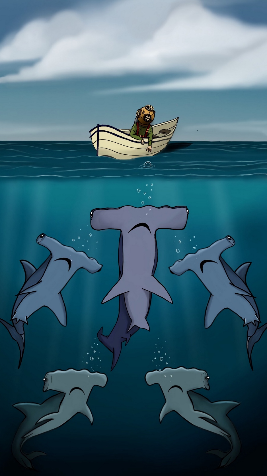 Wallpaper Shark, Boat, Man, Sea, Depth, Art - Cartoon Shark Iphone Background - HD Wallpaper 