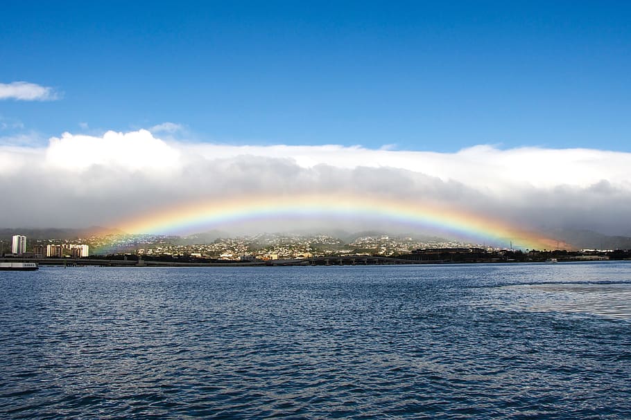 Panoramic Photography Of Rainbow Near Ocean, Honolulu, - Pearl Harbor Rainbow - HD Wallpaper 