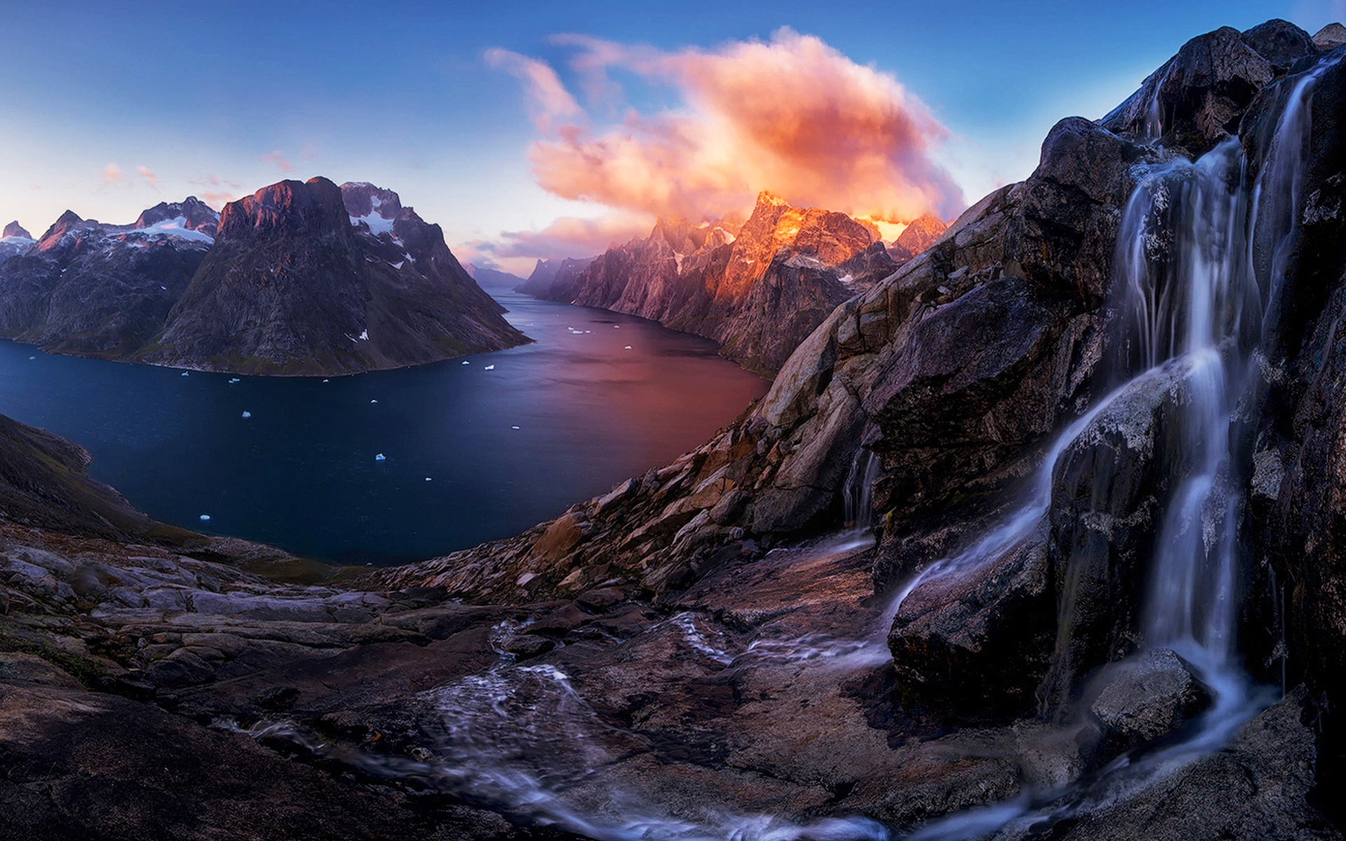 Greenland, Fjord, Sunset, Waterfall, Mountains, Rocks - Greenland - HD Wallpaper 